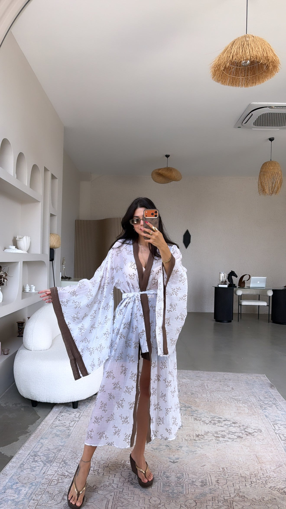 Kahverengi Biyeli Premium İnce Uzun Kimono