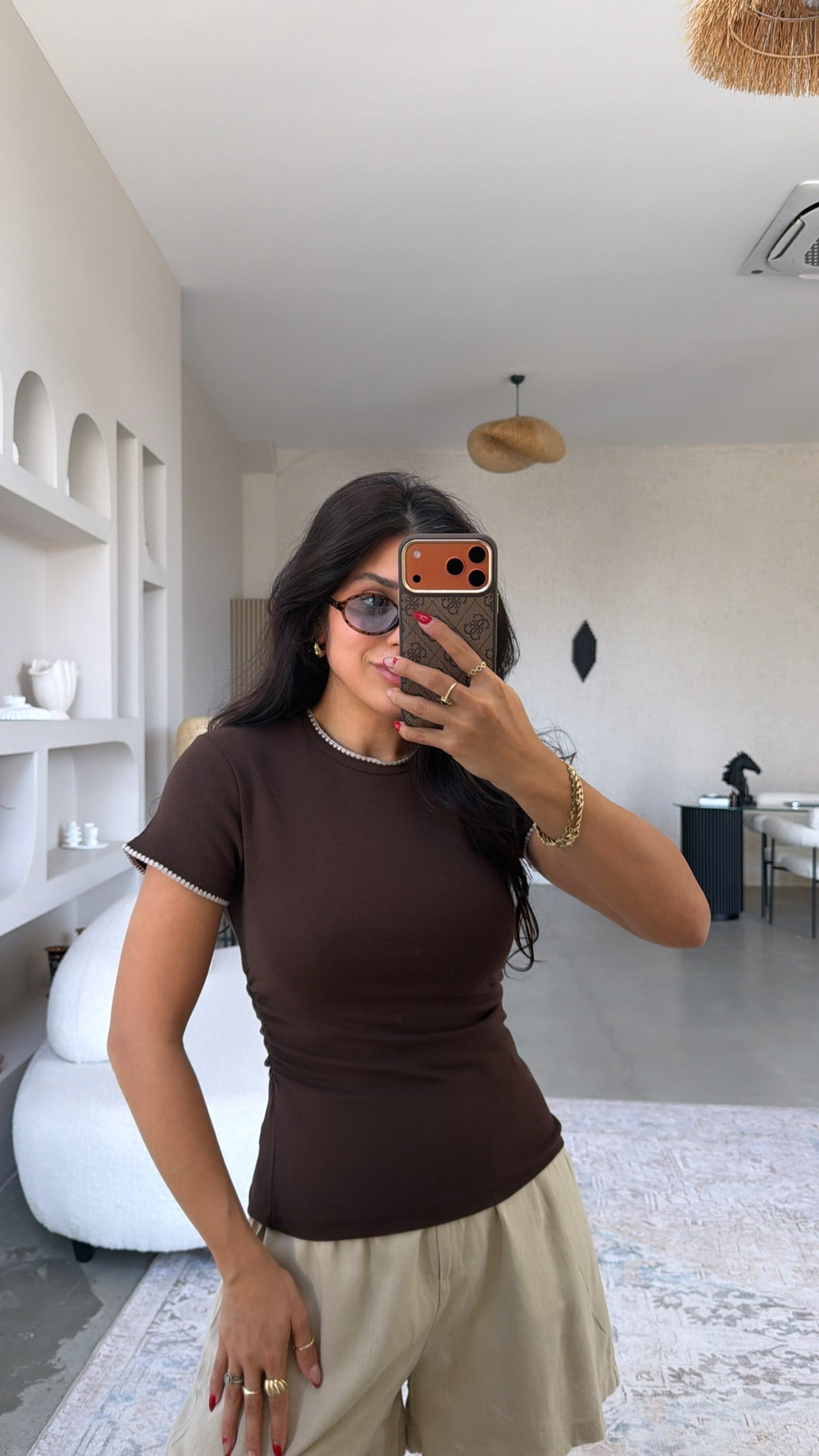 Kahverengi Dikiş Detaylı Pamuk Tshirt