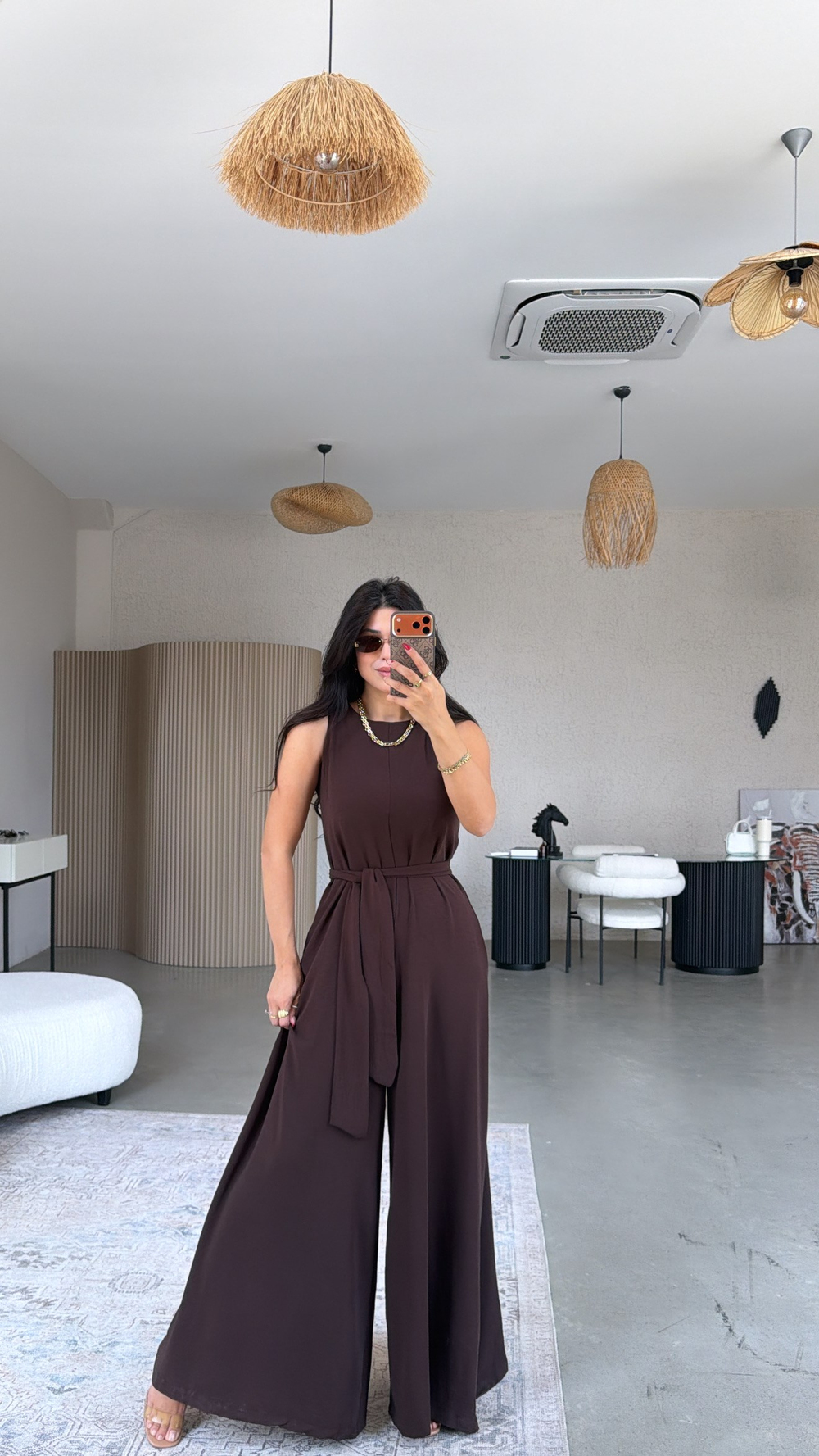 Kahverengi Dökümlü Salaş Bol Paça Kuşaklı Tulum