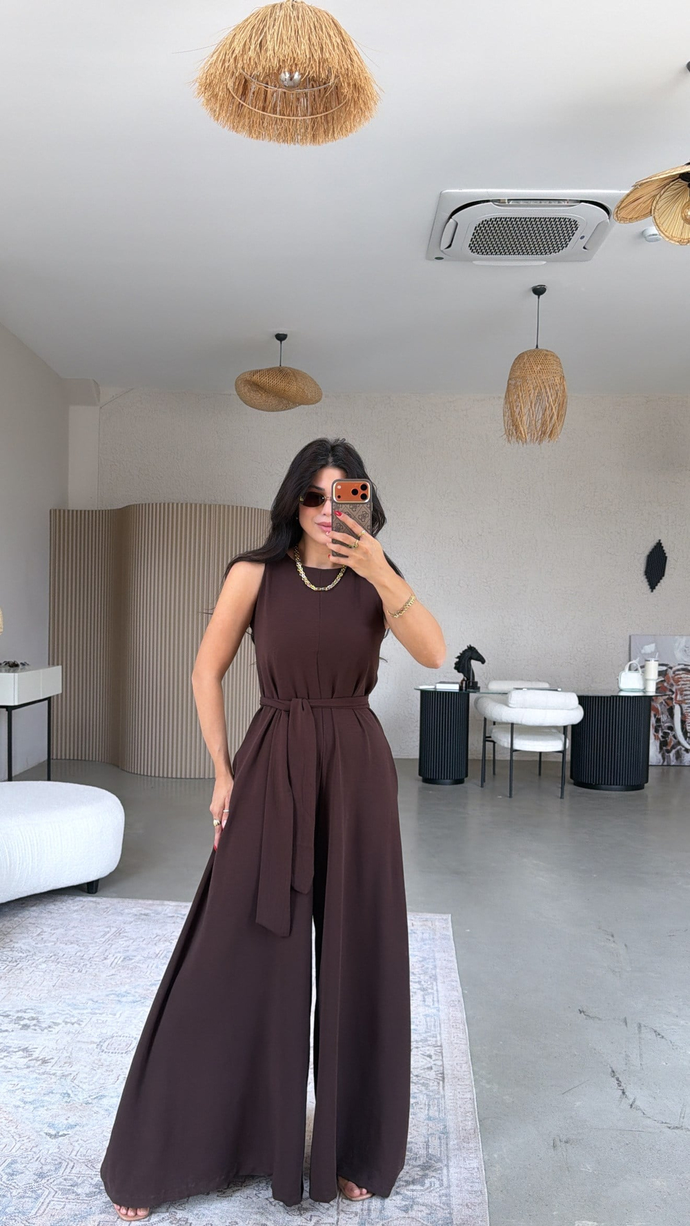 Kahverengi Dökümlü Salaş Bol Paça Kuşaklı Tulum