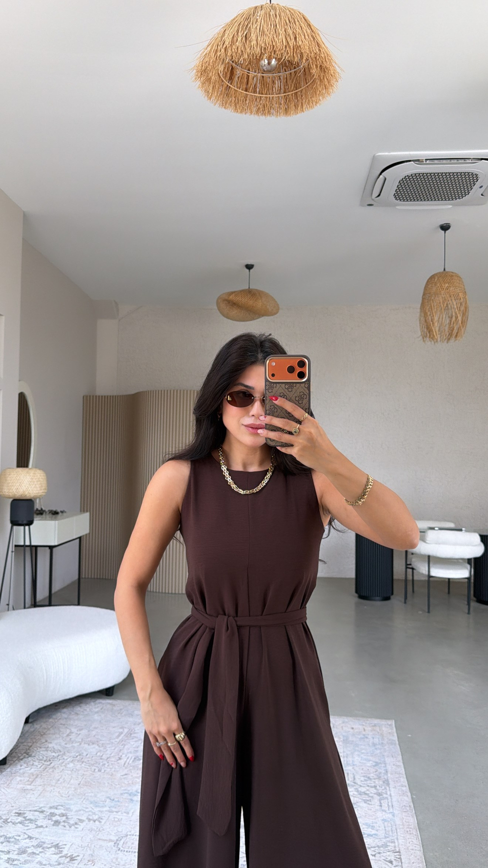 Kahverengi Dökümlü Salaş Bol Paça Kuşaklı Tulum