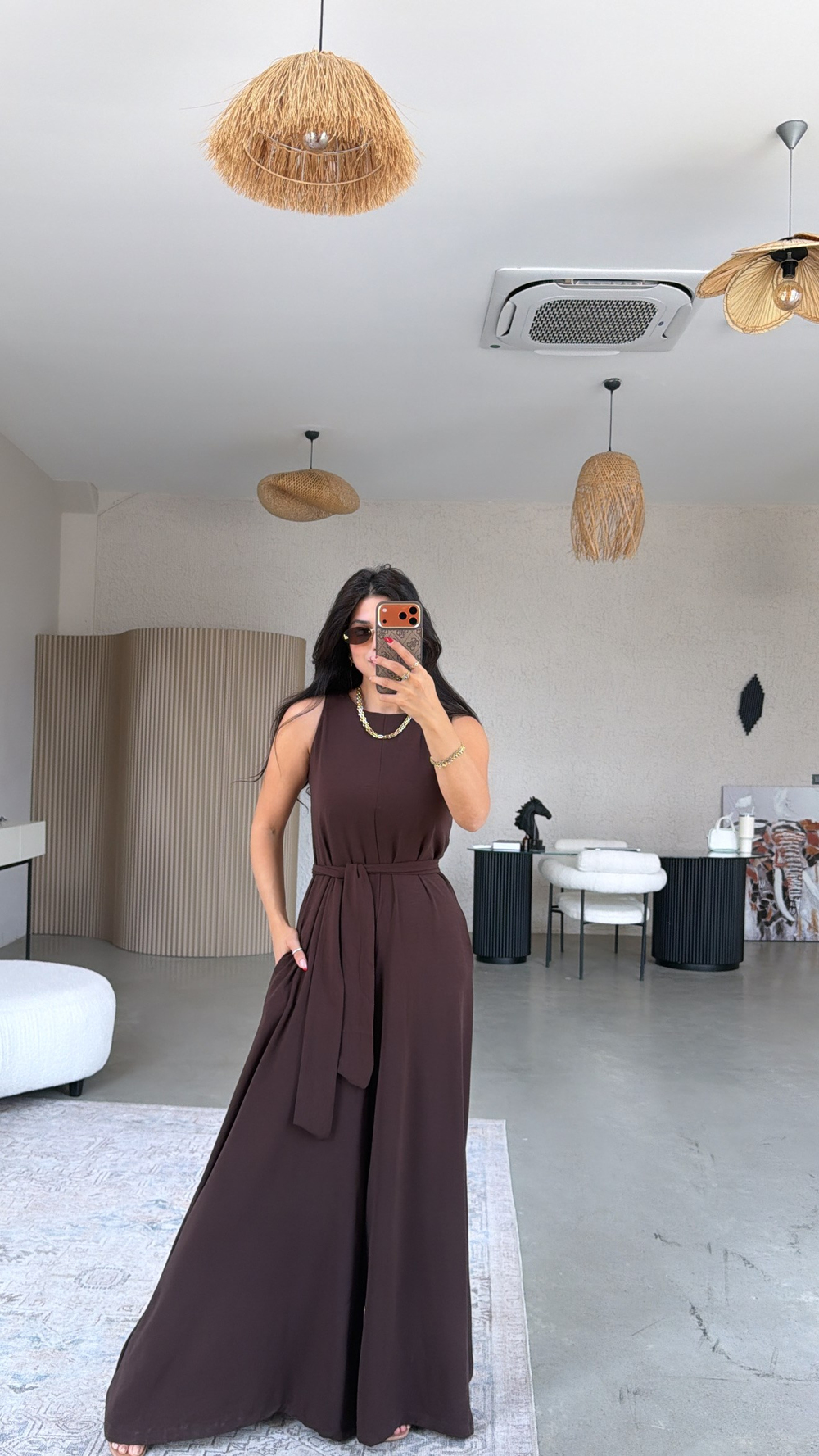 Kahverengi Dökümlü Salaş Bol Paça Kuşaklı Tulum