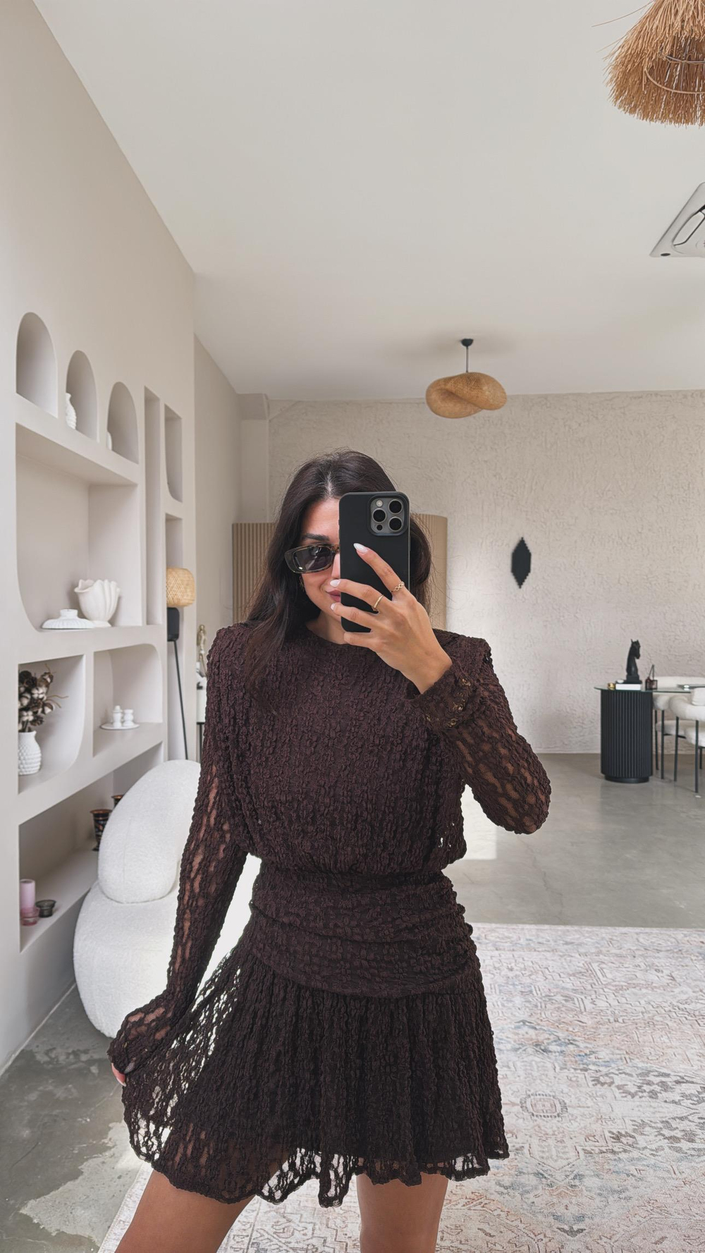 Kahverengi Drape Detaylı Dantel Elbise