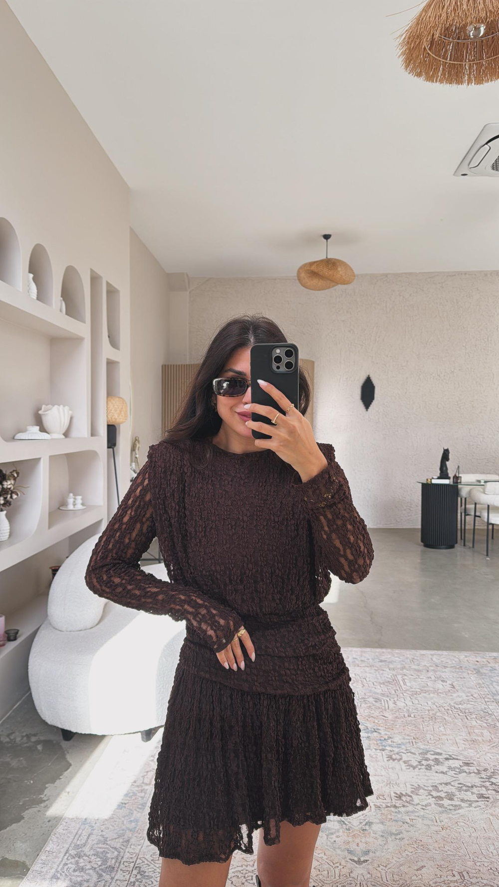 Kahverengi Drape Detaylı Dantel Elbise