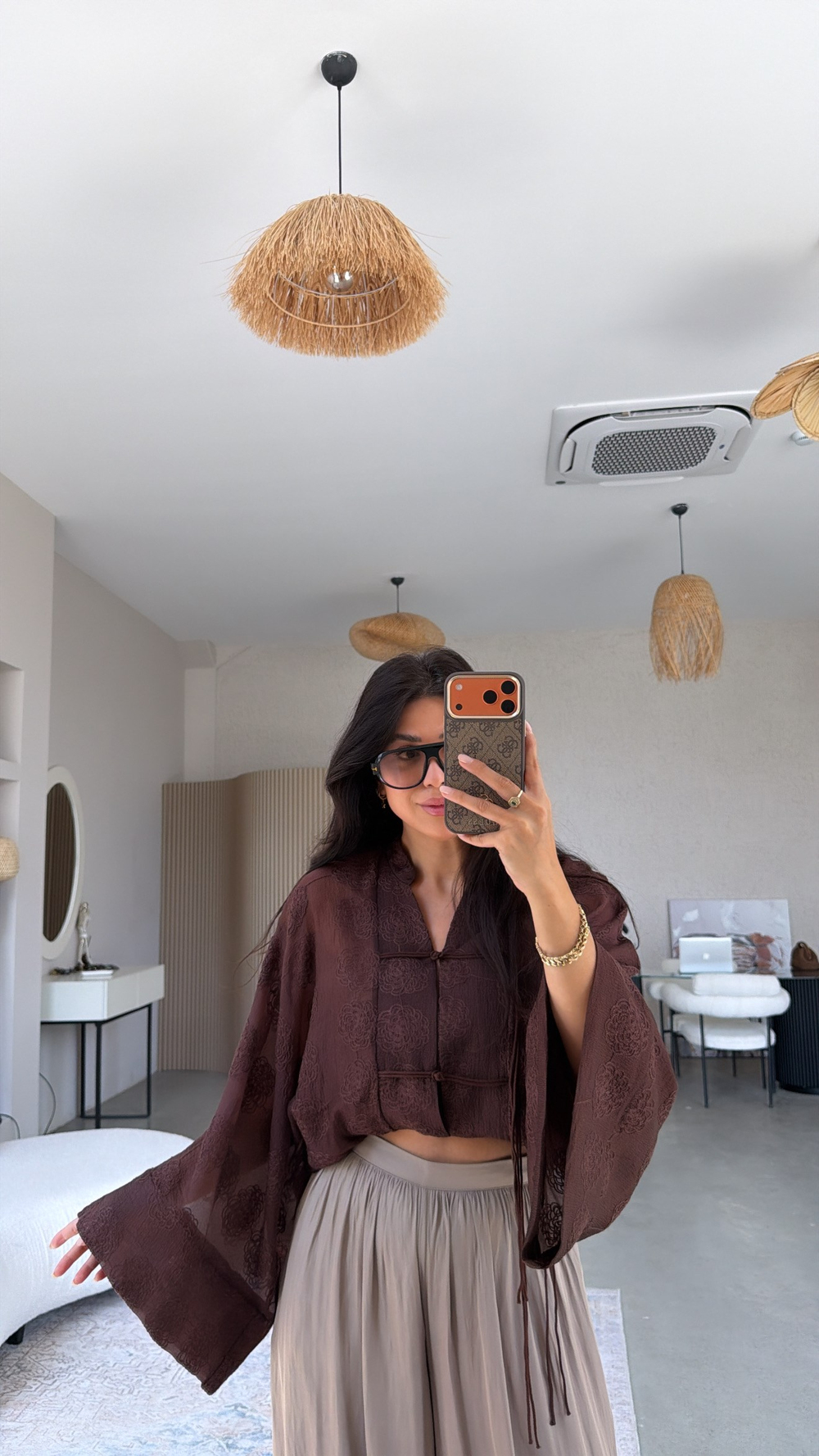 Kahverengi İşlemeli Gömlek Kimono