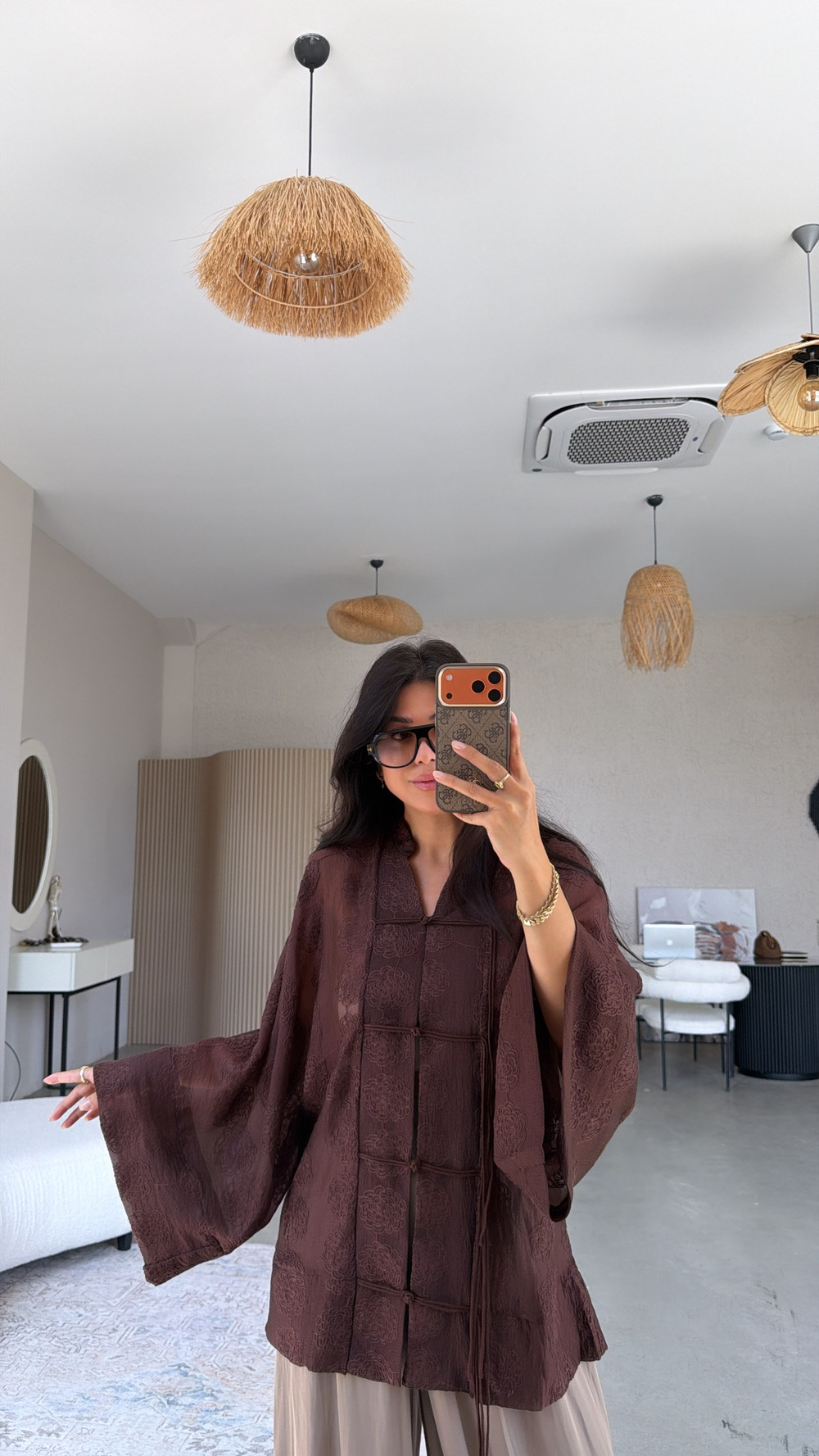 Kahverengi İşlemeli Gömlek Kimono