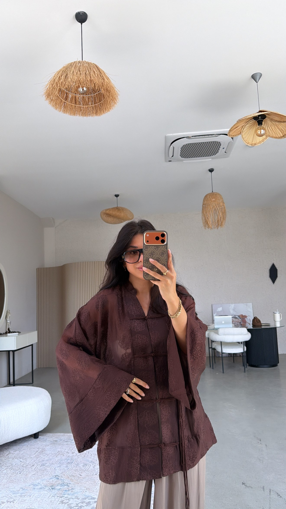 Kahverengi İşlemeli Gömlek Kimono