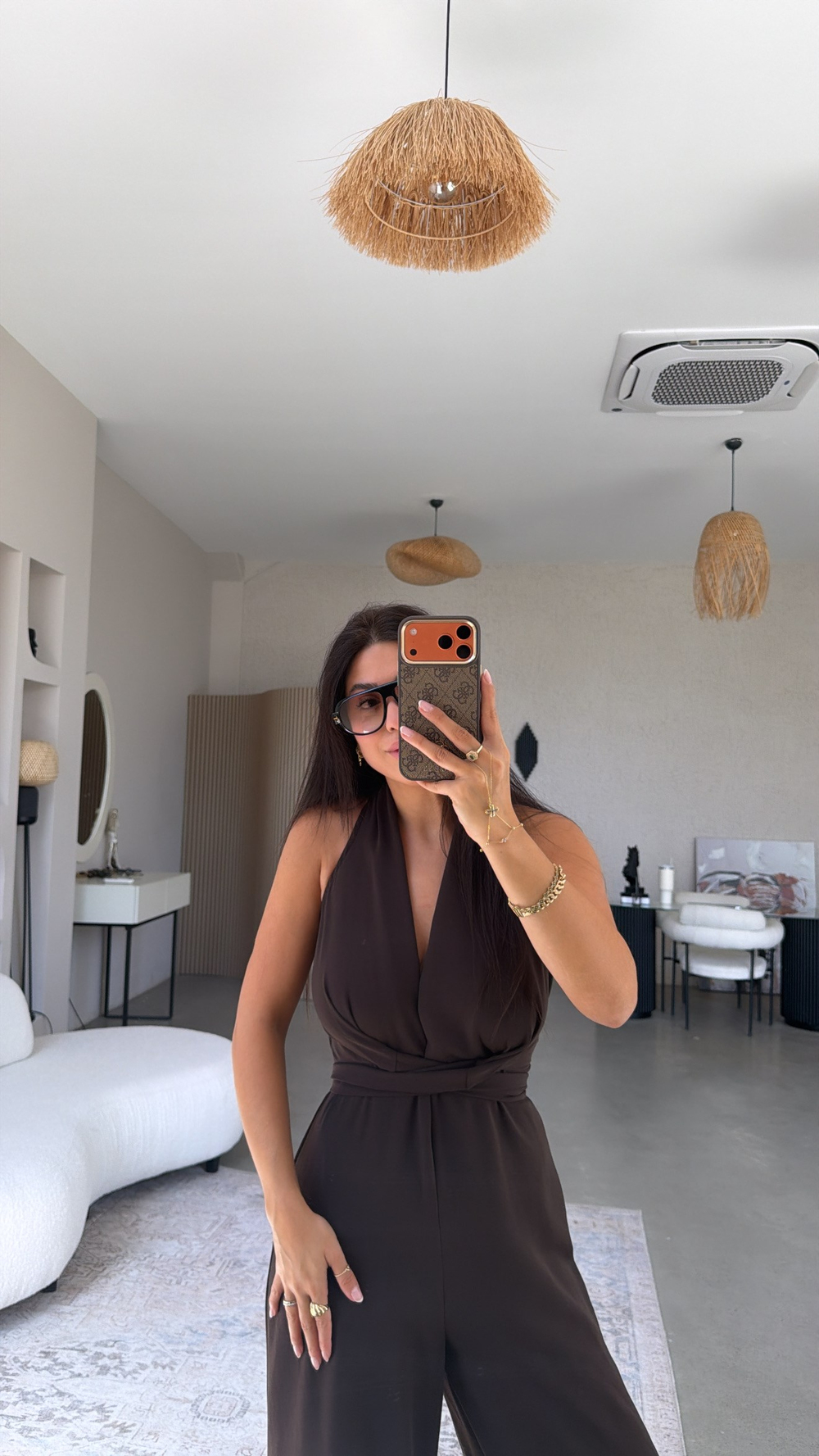 Kahverengi Krep Kumaş Bağlamalı Premium Tulum