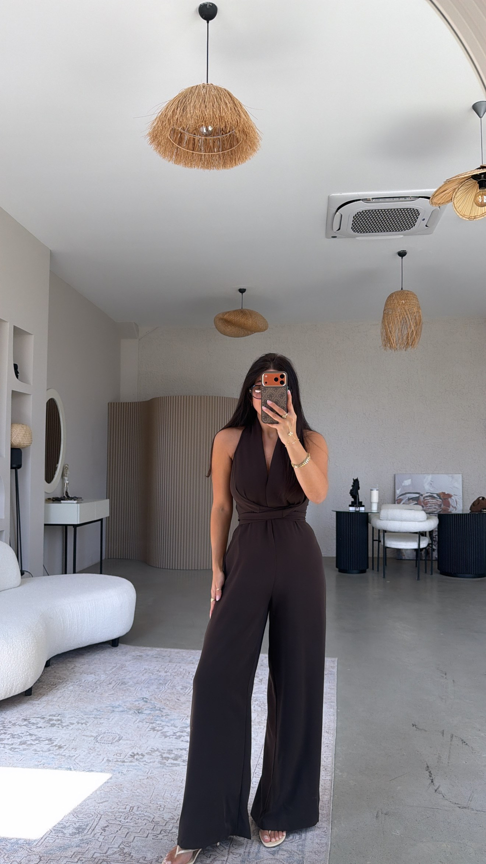 Kahverengi Krep Kumaş Bağlamalı Premium Tulum