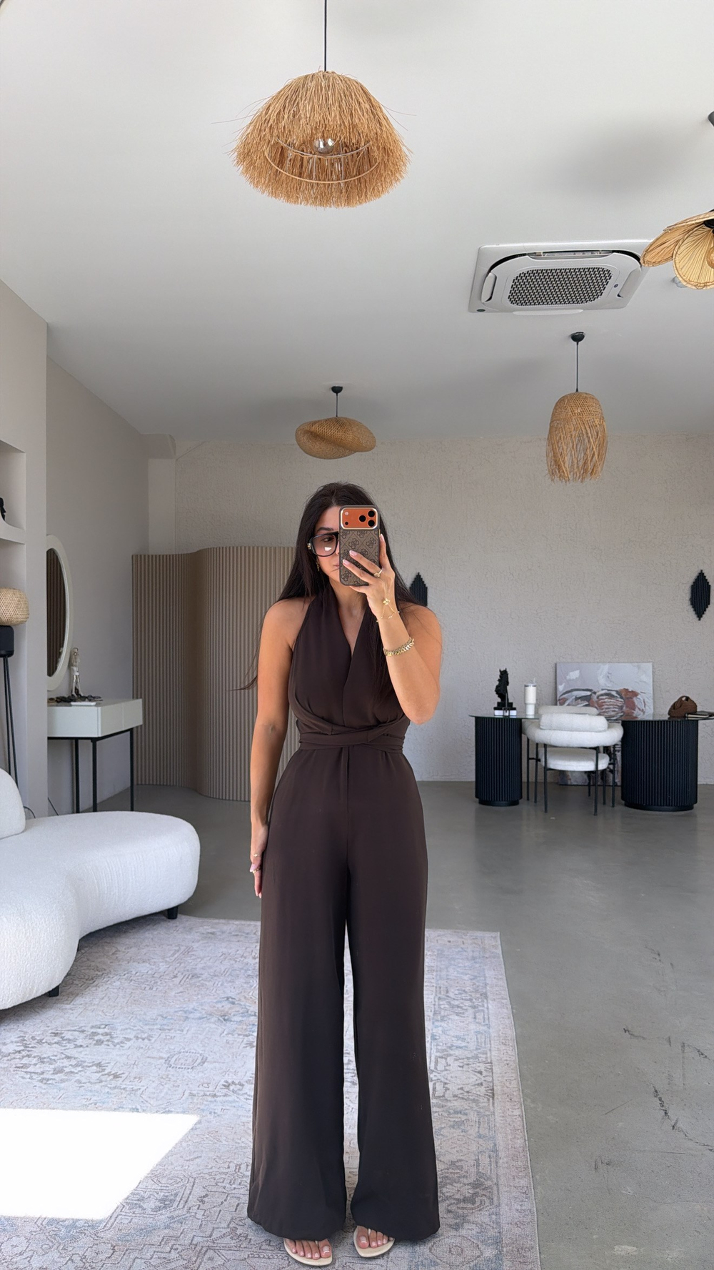Kahverengi Krep Kumaş Bağlamalı Premium Tulum