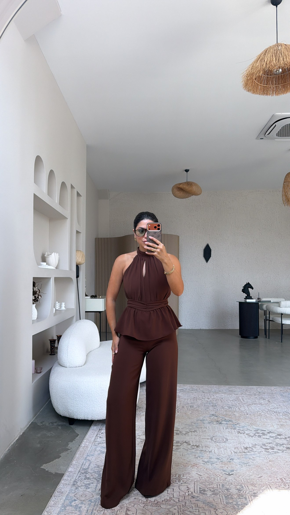 Kahverengi Krep Kumaş Premium Halter Yaka Tulum