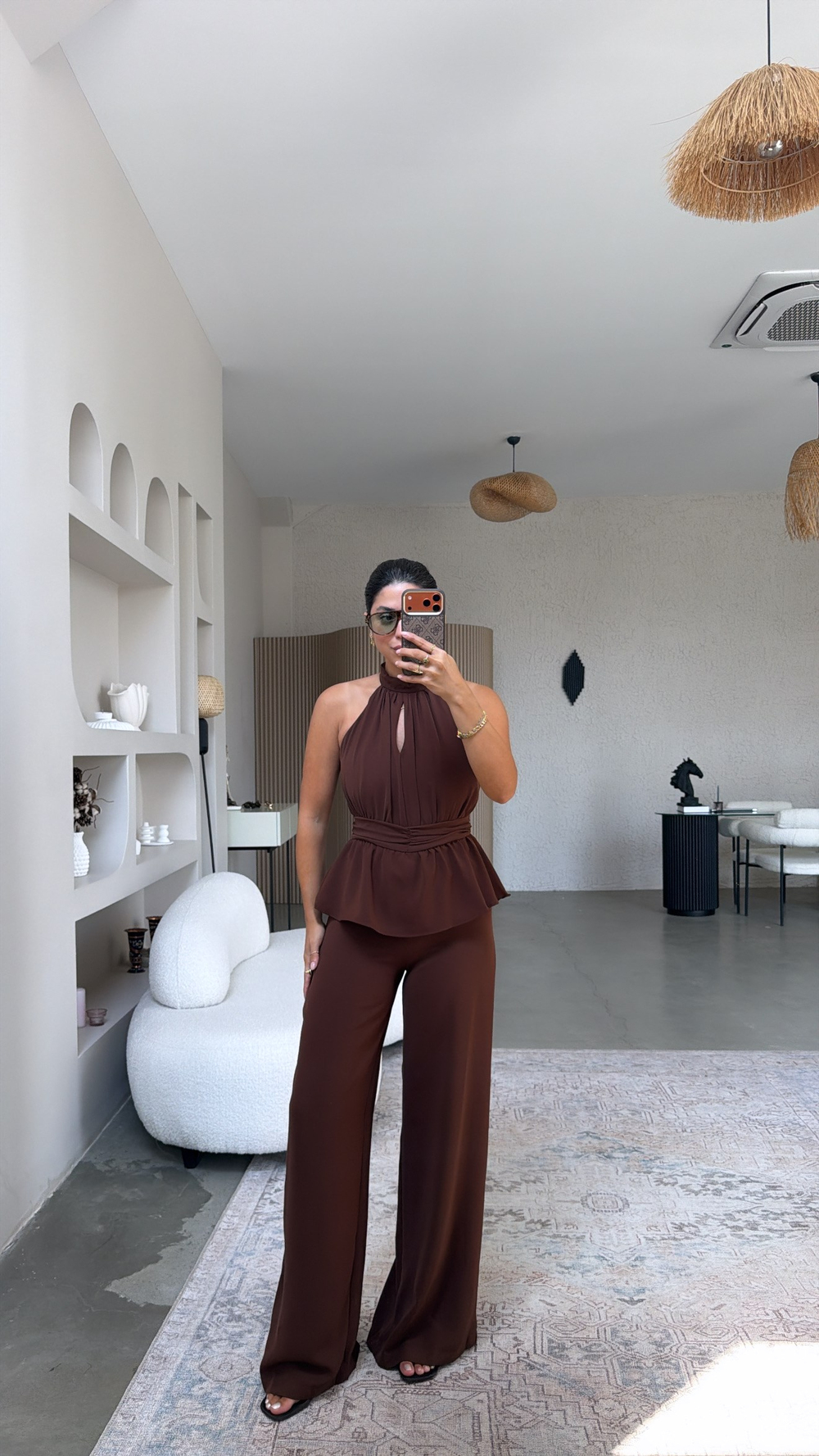Kahverengi Krep Kumaş Premium Halter Yaka Tulum