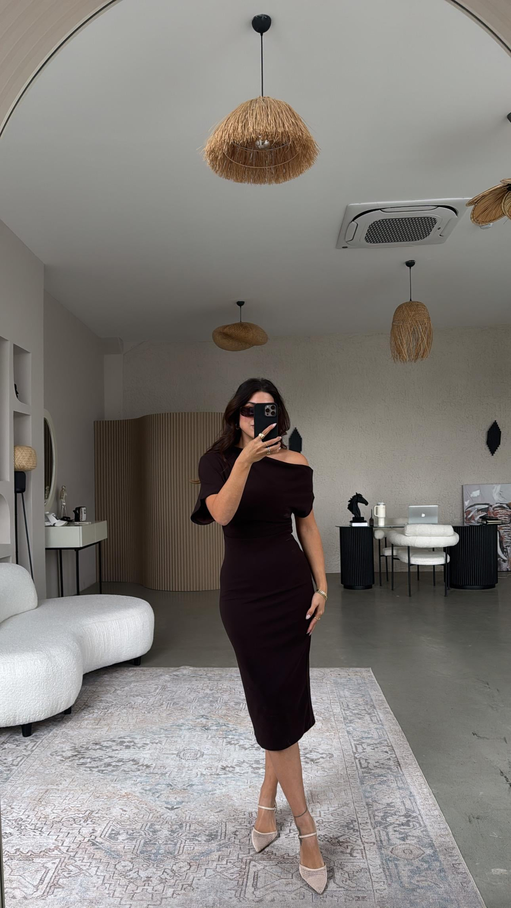 Kahverengi Krep Zr Model Omzu Açık Elbise