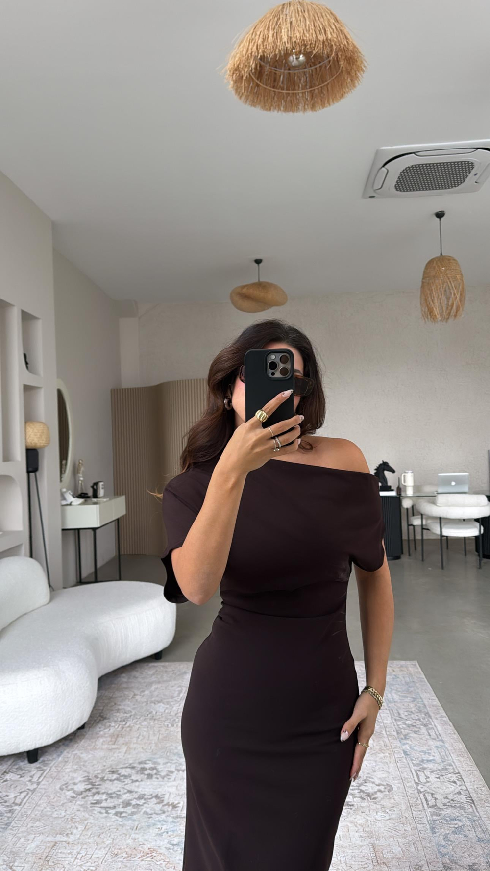 Kahverengi Krep Zr Model Omzu Açık Elbise