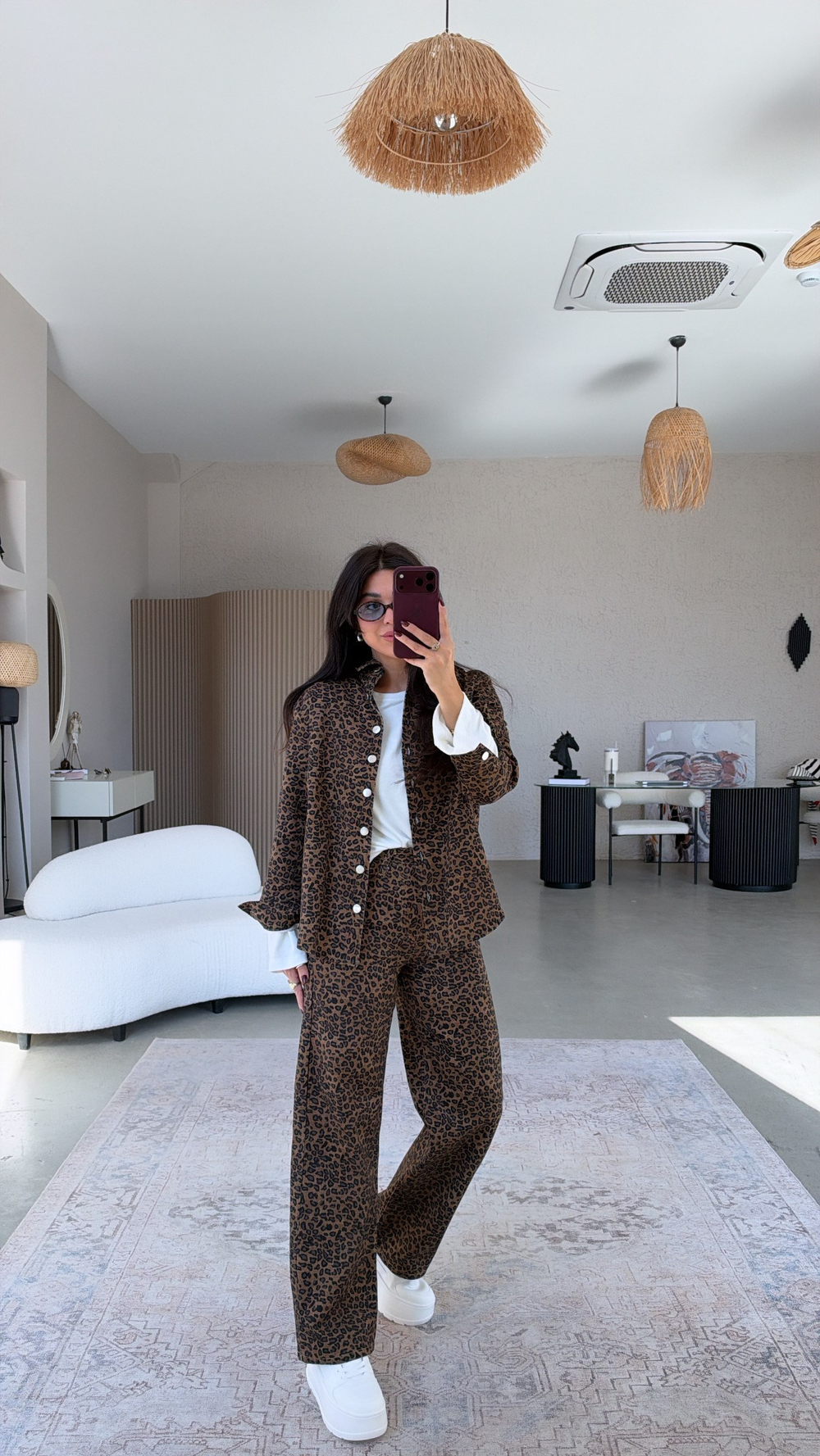 Kahverengi Leoparlı Denim Bilek Pantolon