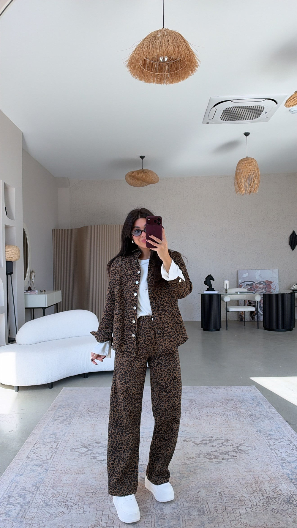 Kahverengi Leoparlı Denim Bilek Pantolon