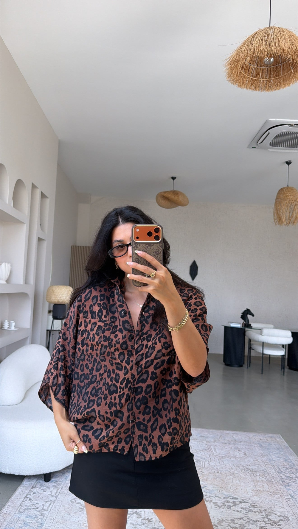 Kahverengi Leoparlı Yarasa Kol Tensel Gömlek