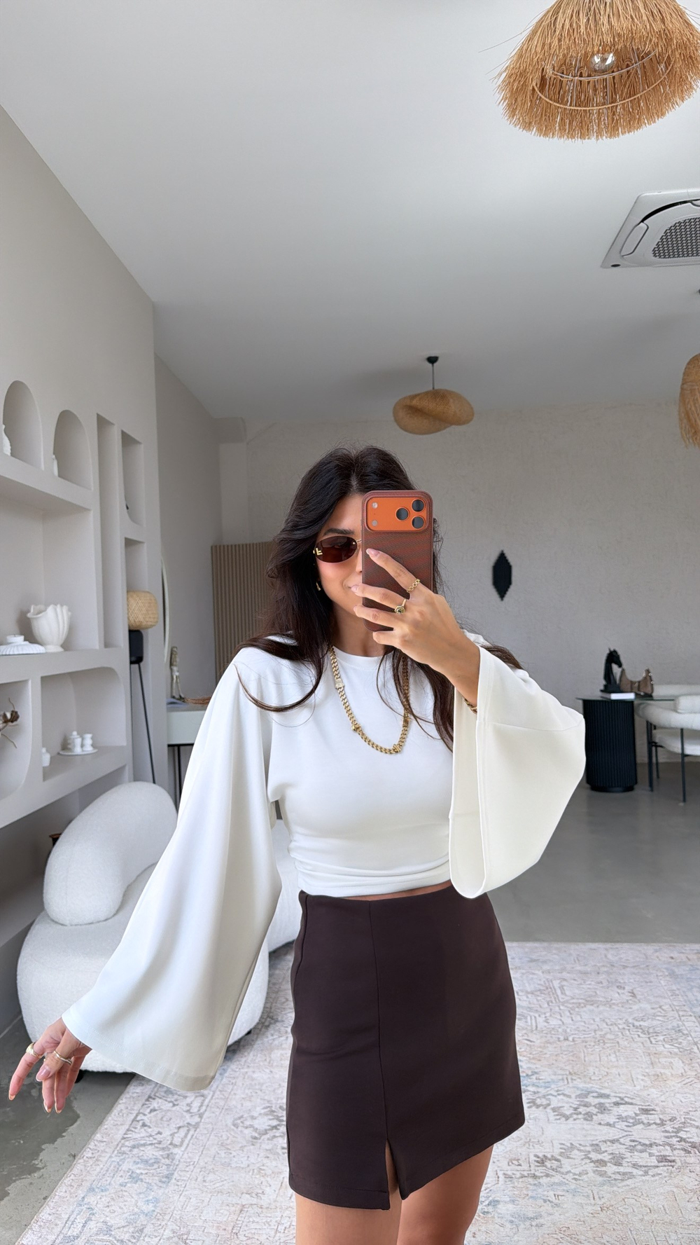 Kahverengi Modal Mini Yırtmaçlı Şortlu Etek