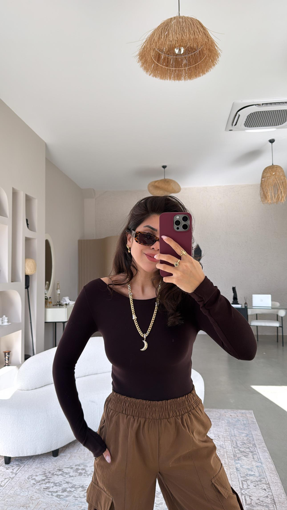 Kahverengi Oys Kayık Yaka Bluz