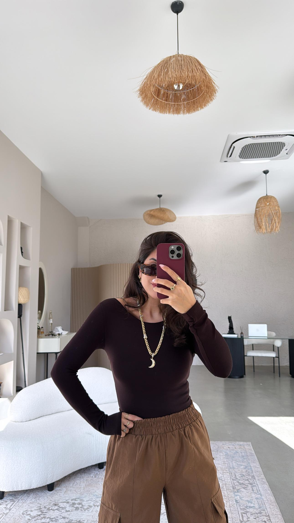 Kahverengi Oys Kayık Yaka Bluz