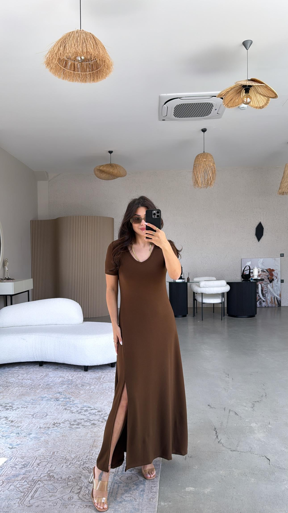 Kahverengi Özel Üretim Modal Elbise