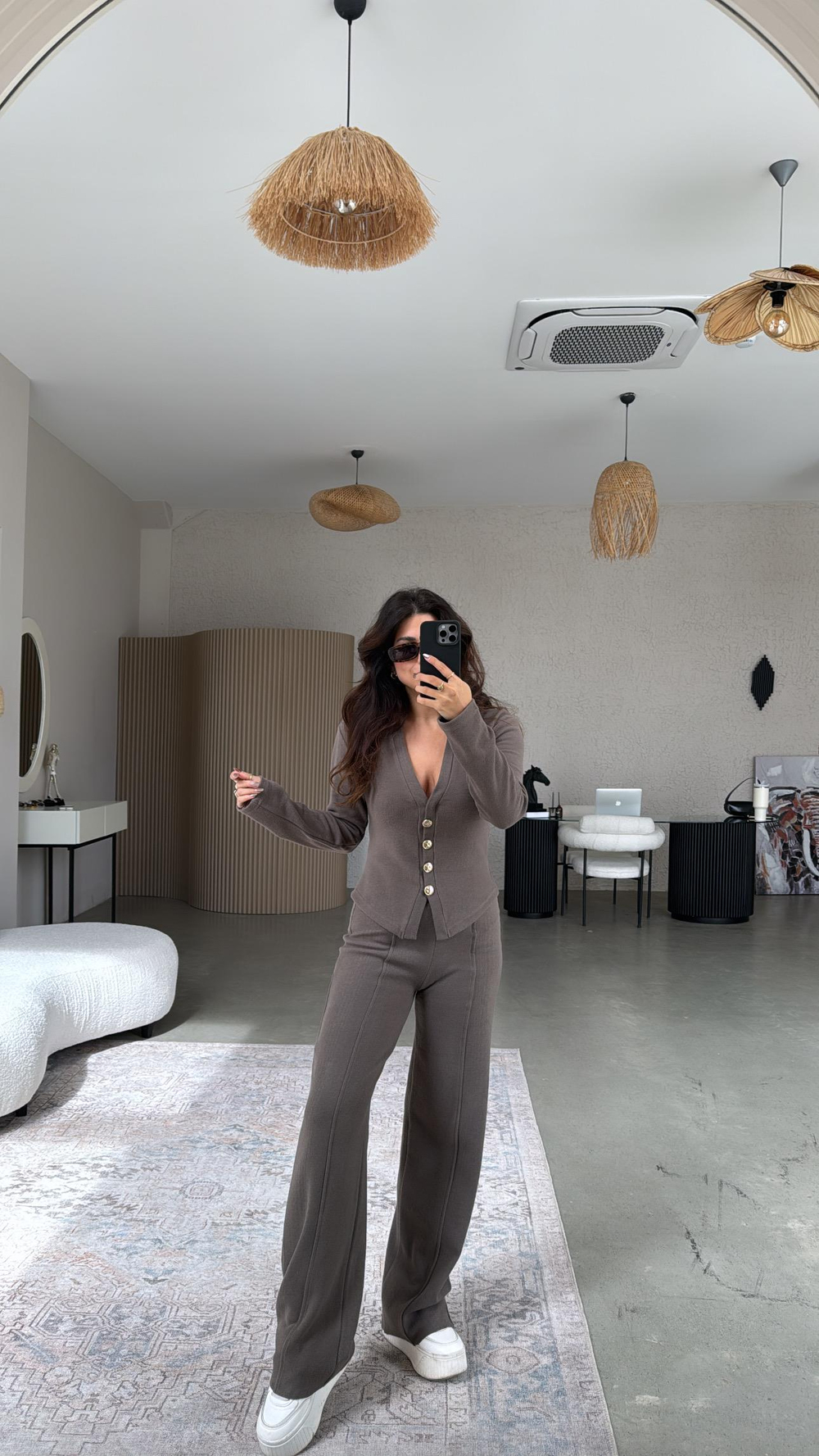 Kahverengi Selanik Triko ZR model Hırka Pantolon Takım