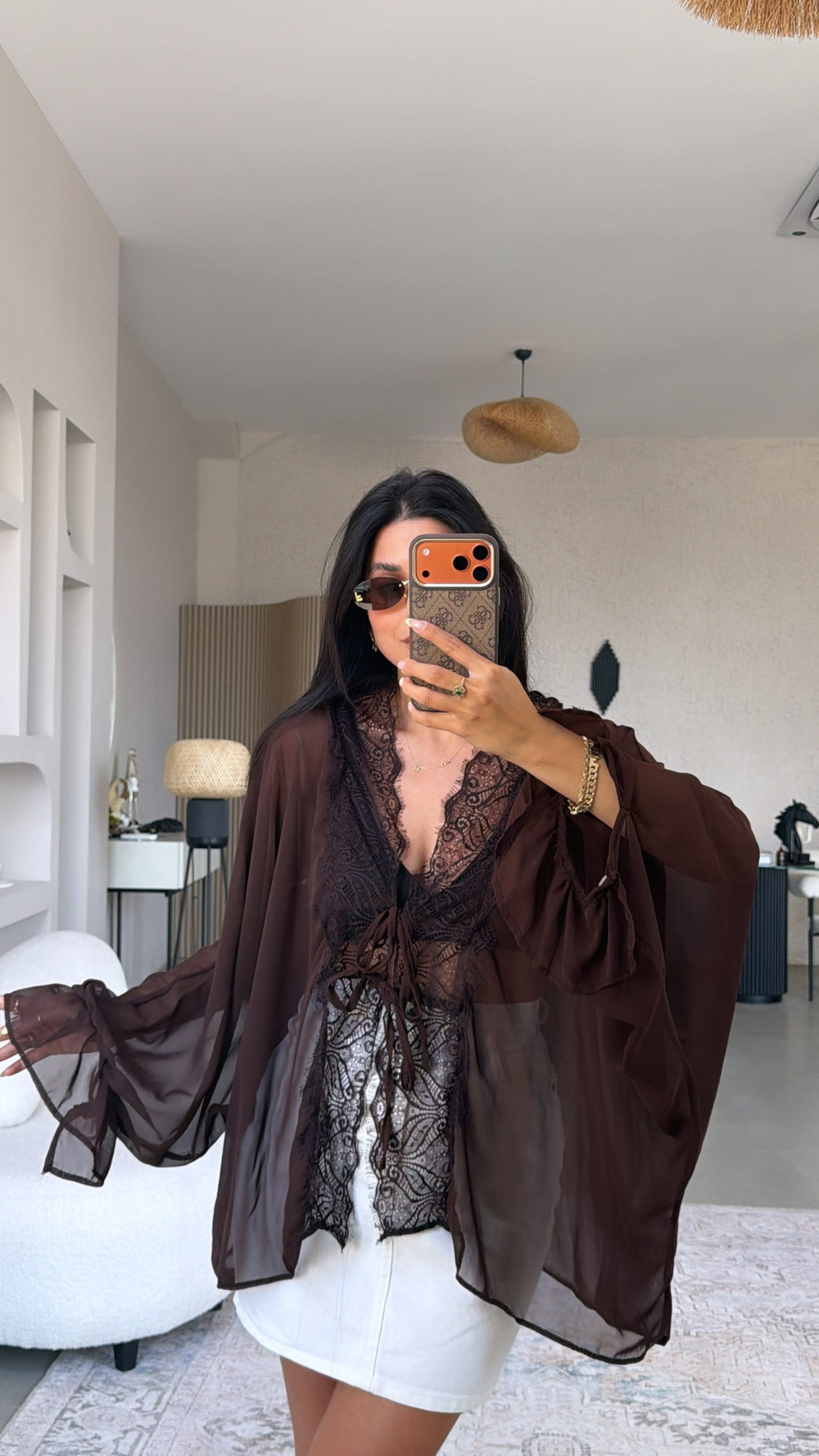 Kahverengi Şifon Dantelli Zr Model Bluz
