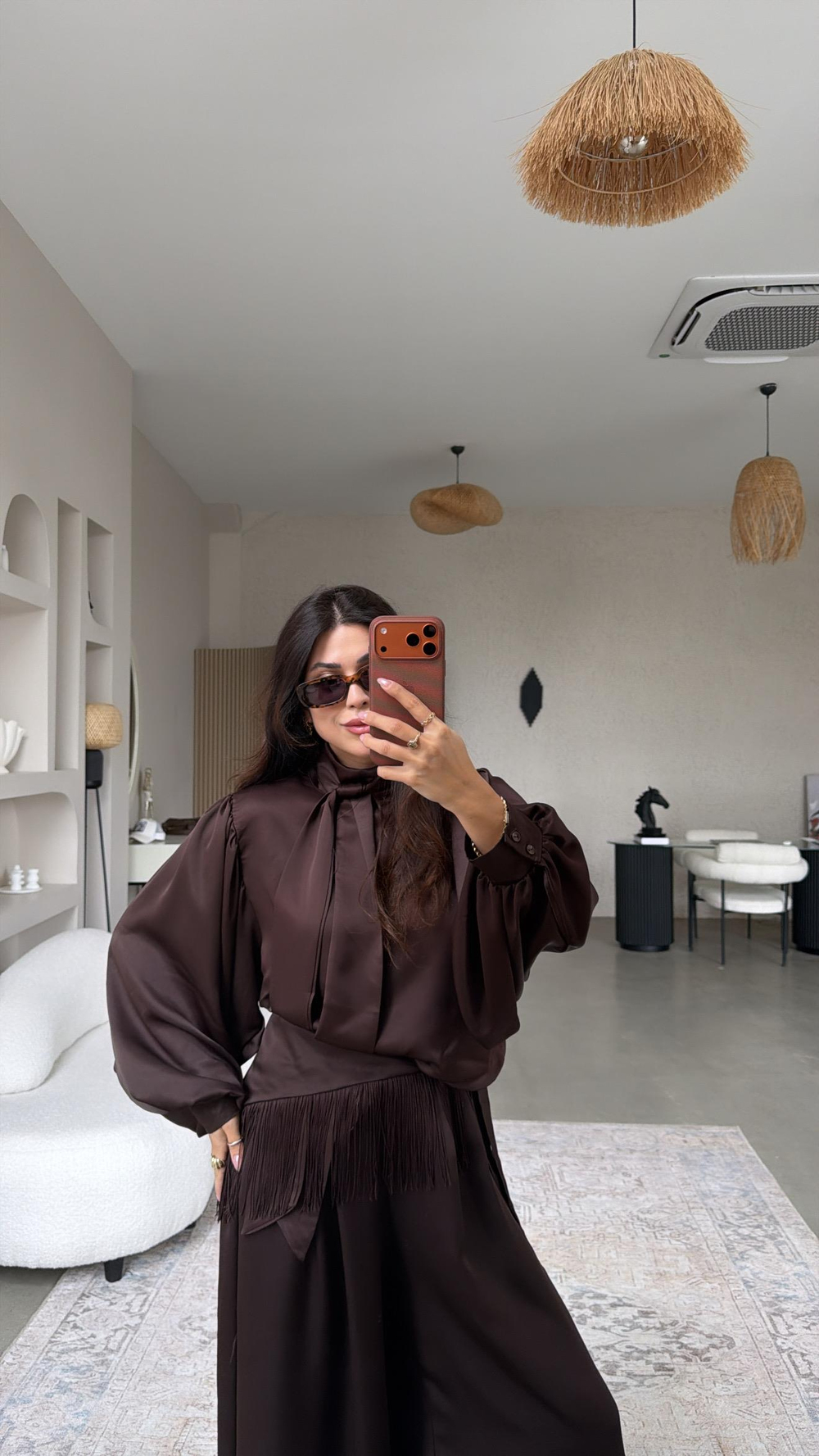 Kahverengi Tok Saten Premium Üçlü Bluz Pantolon Püskül Kemer Takım