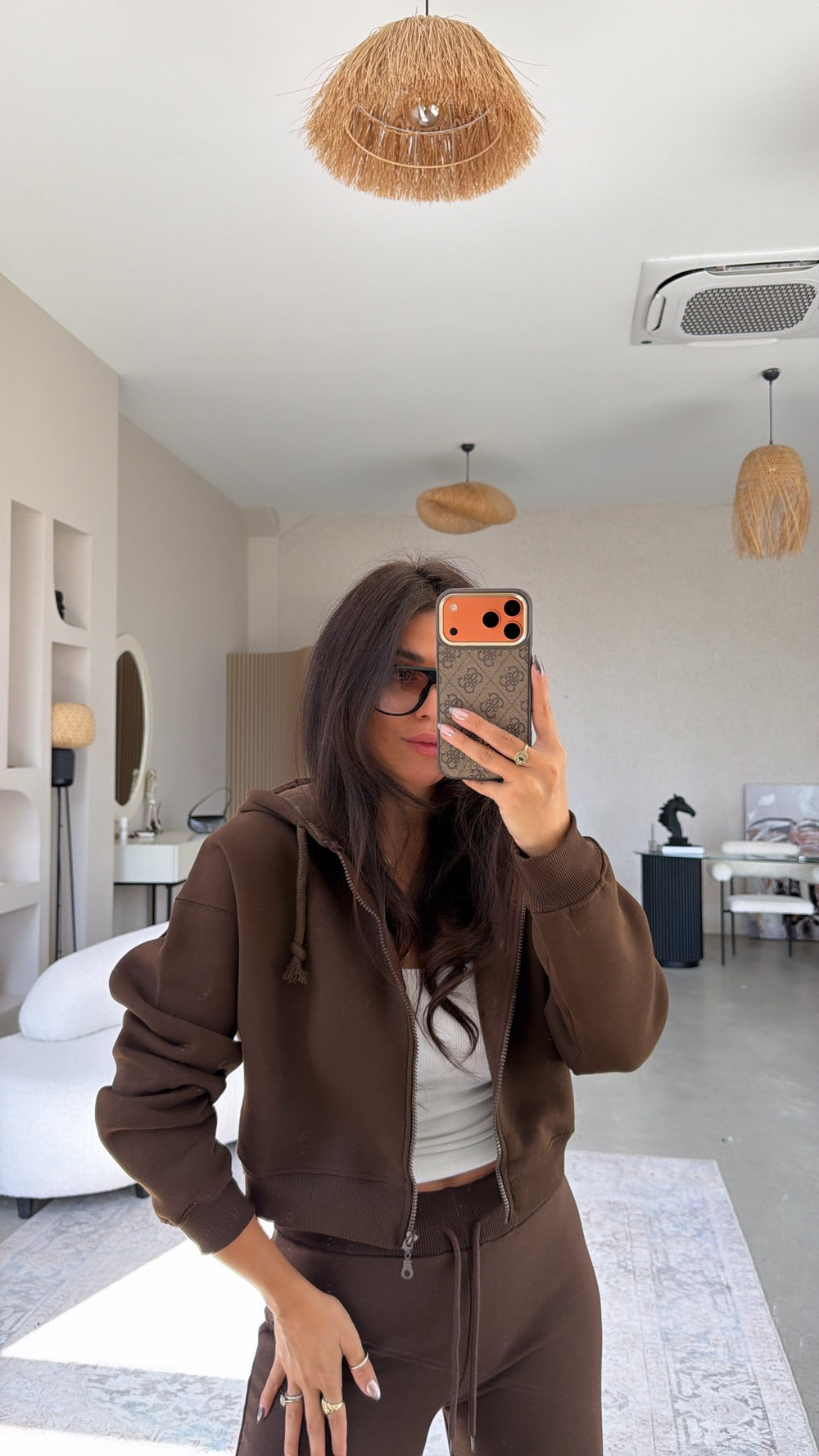 Kahverengi Üç İplik Fermuarlı Crop Hoodie