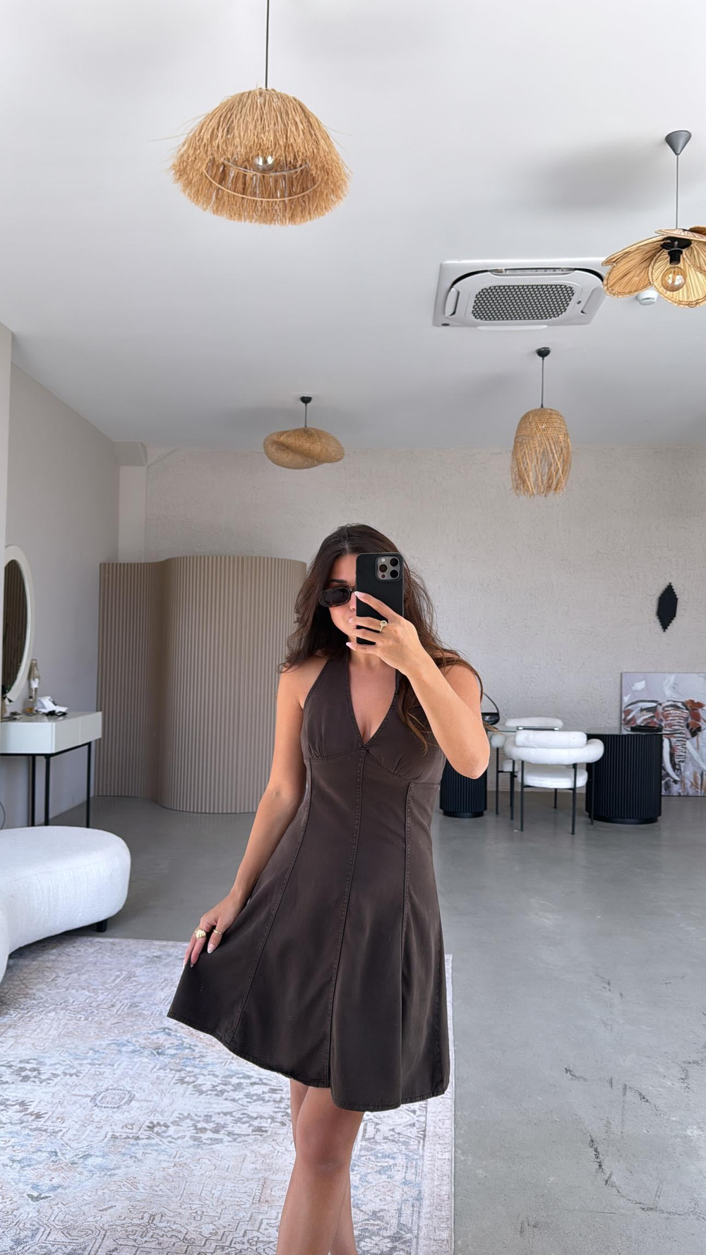 Kahverengi Yıkamalı Denim Boyundan Bağlamalı Elbise