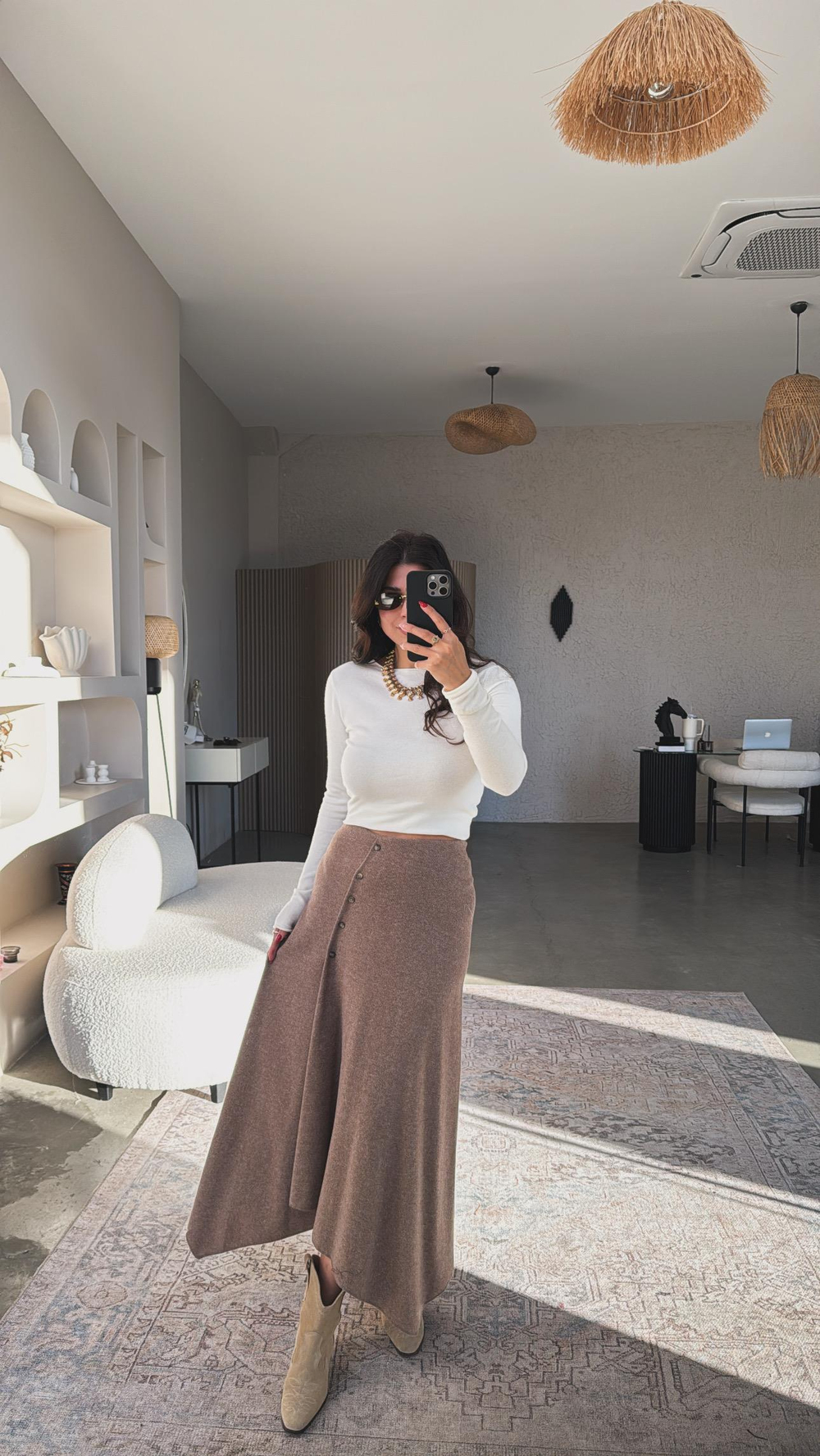 Kırçıllı Kahverengi Selanik ZR Model Düğmeli Etek