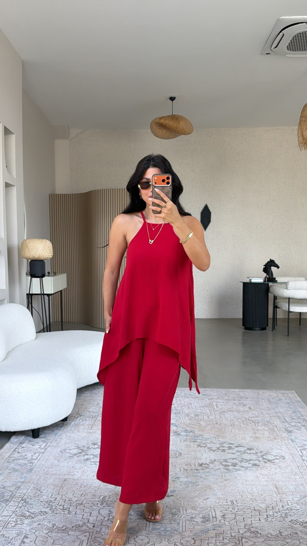 Kırmızı Bluz Pantolon Görünümlü Tiril Tulum