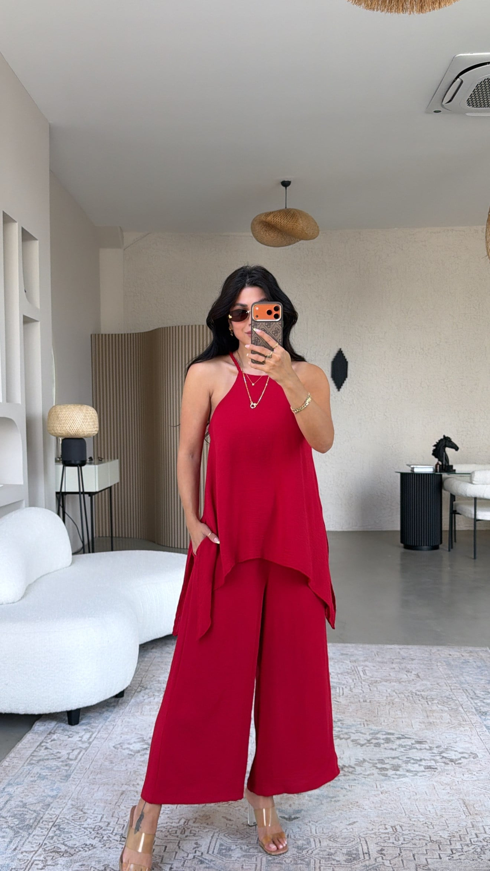 Kırmızı Bluz Pantolon Görünümlü Tiril Tulum