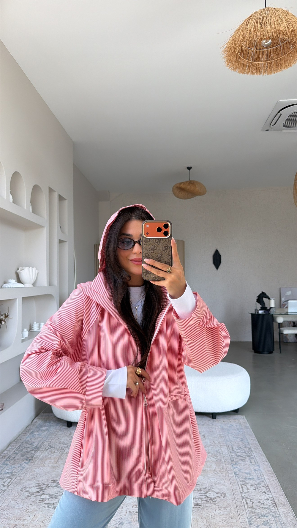Kırmızı Çizgili İnce Waterproof Ceket