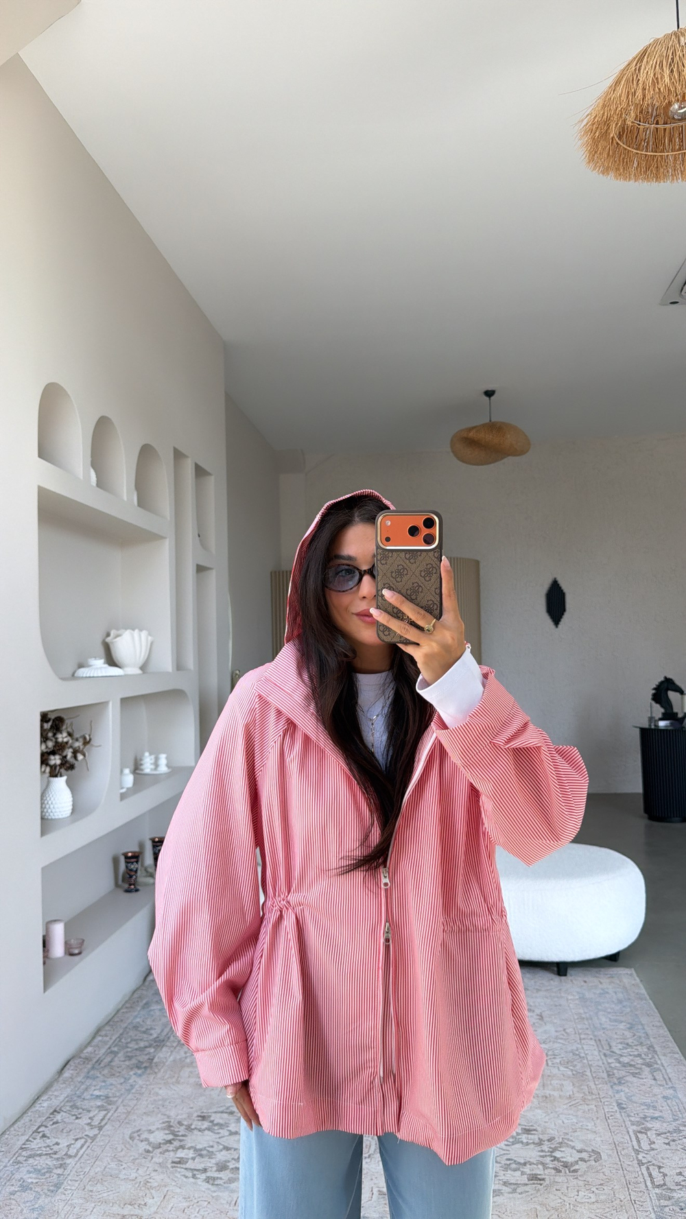 Kırmızı Çizgili İnce Waterproof Ceket