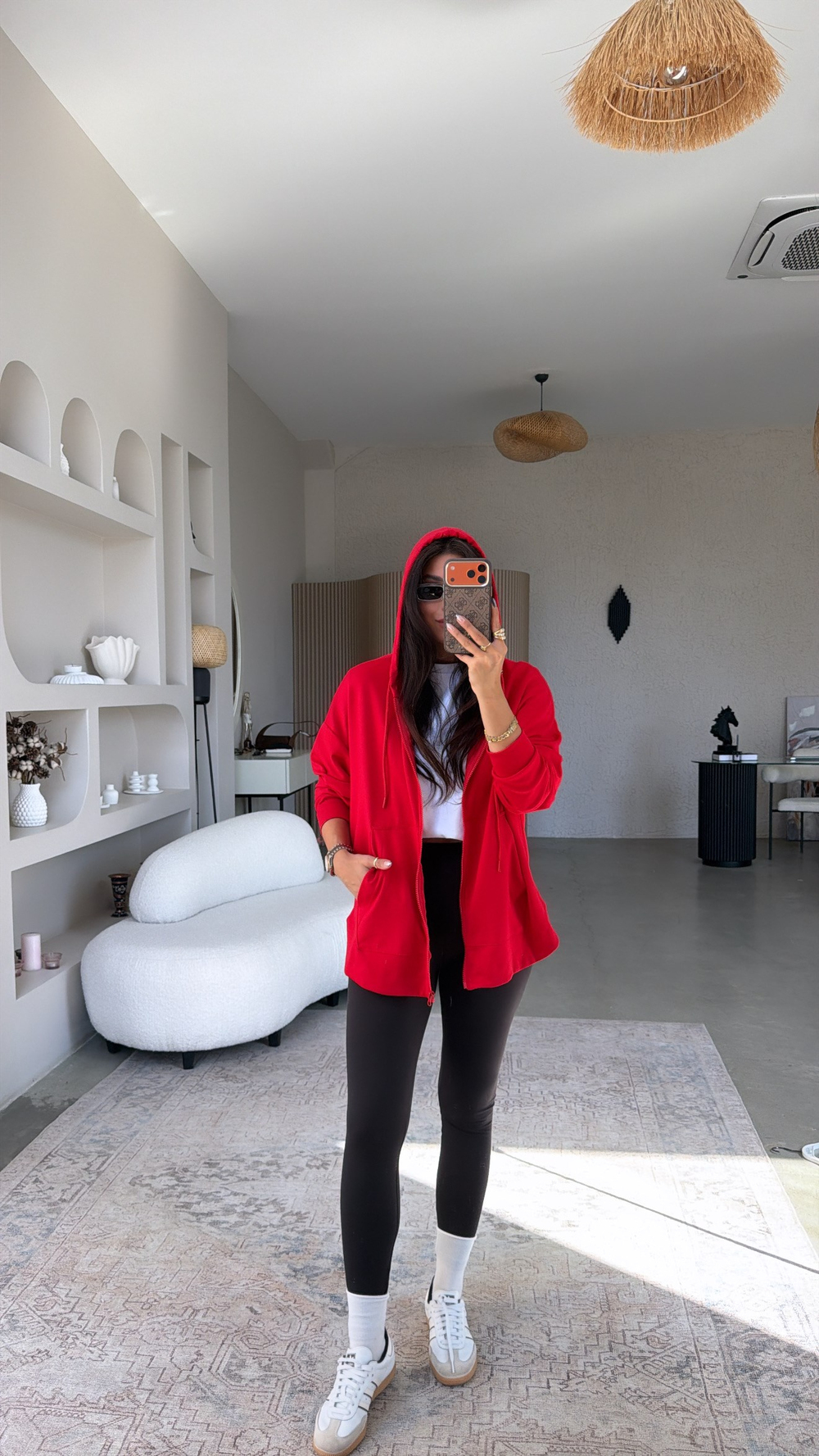 Kırmızı Fermuarlı Cepli Modal Hoodie
