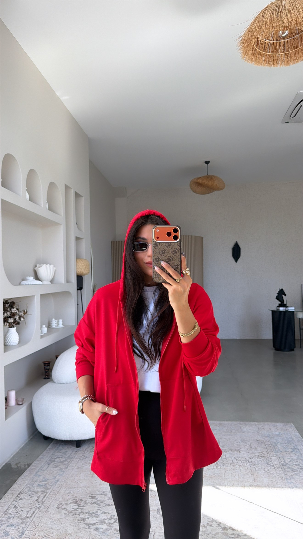 Kırmızı Fermuarlı Cepli Modal Hoodie