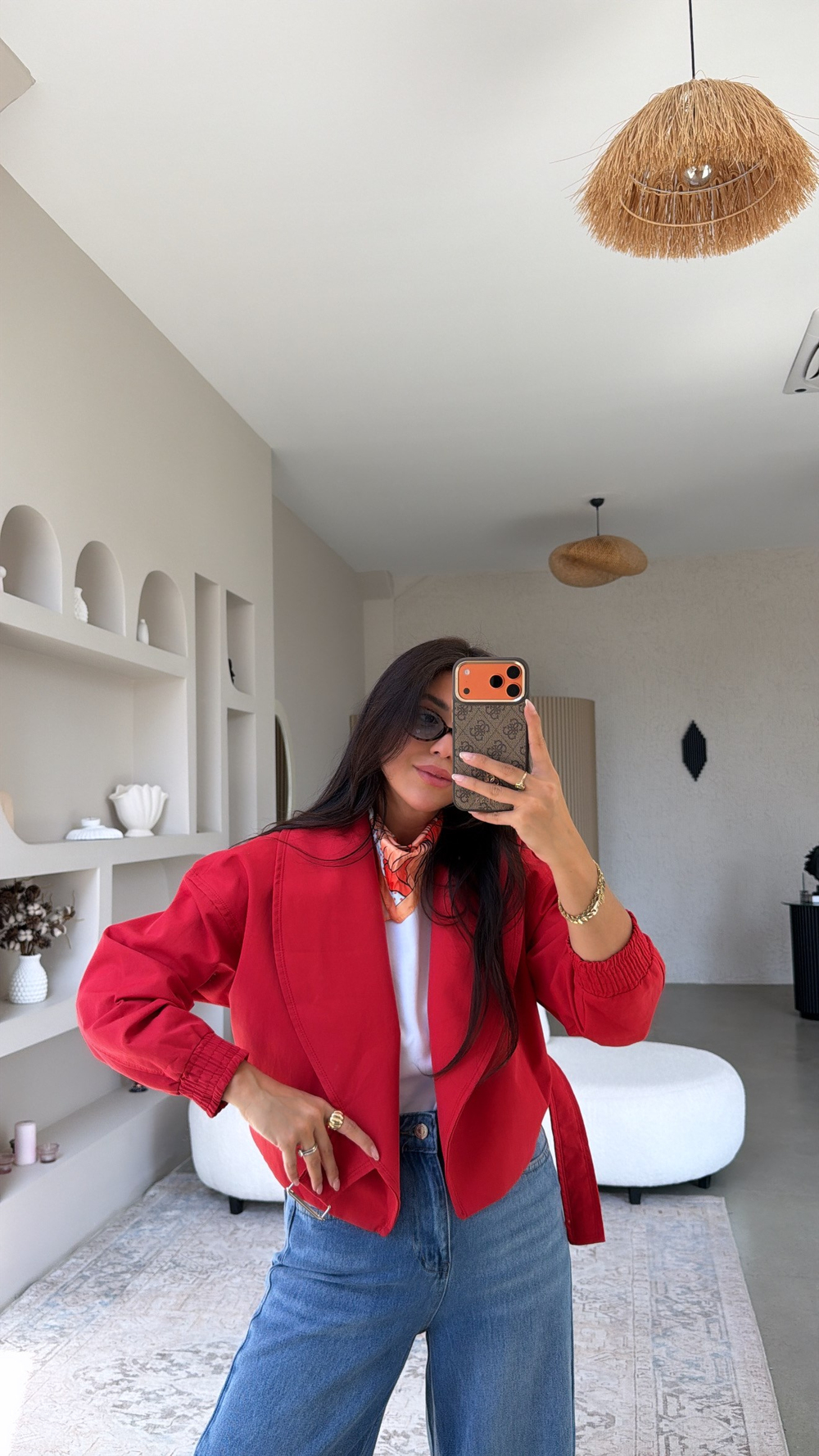 Kırmızı Kısa Kemerli Trençkot