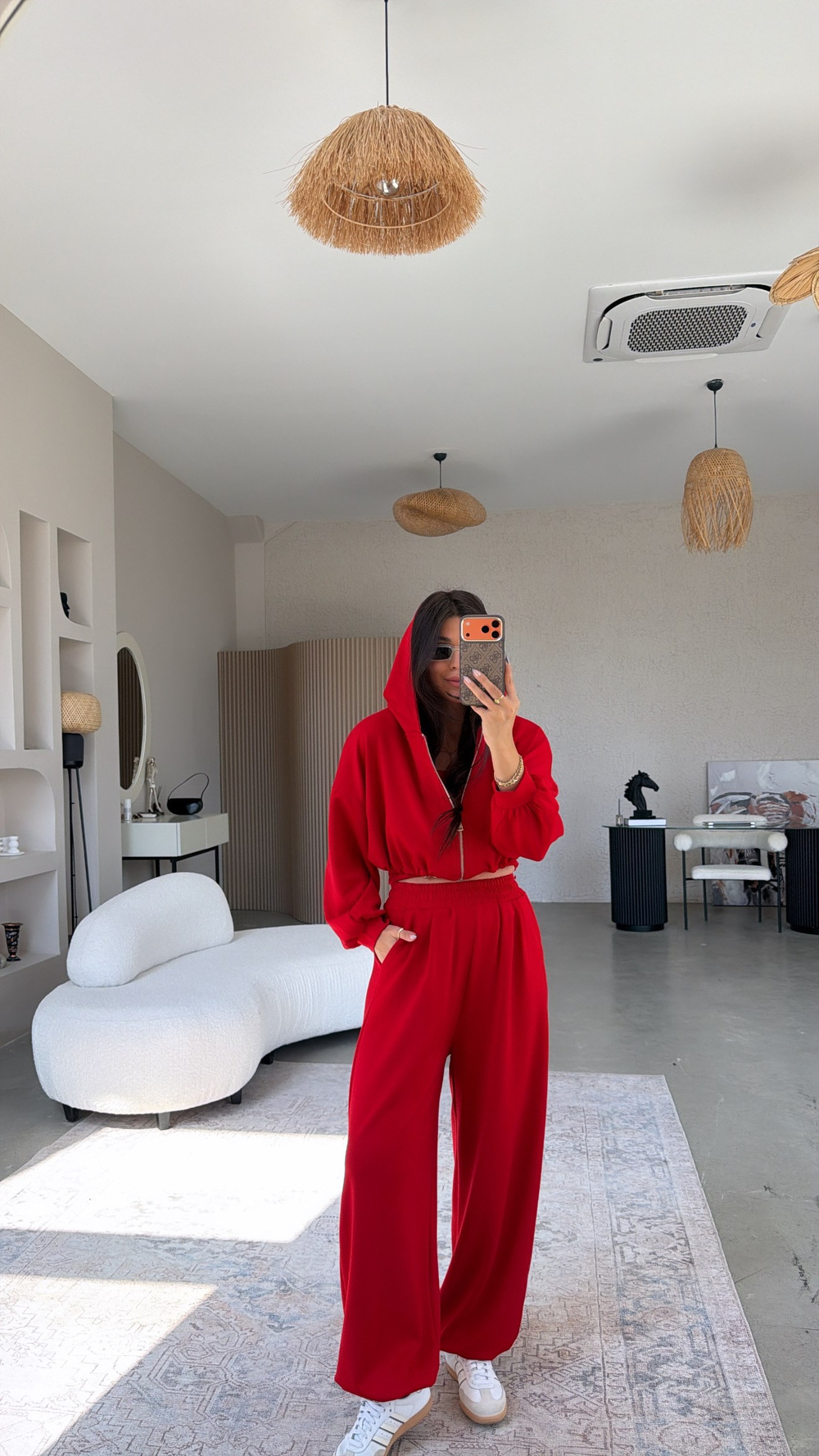 Kırmızı Modal Üçlü Atlet Hoodie Eşofman Takım