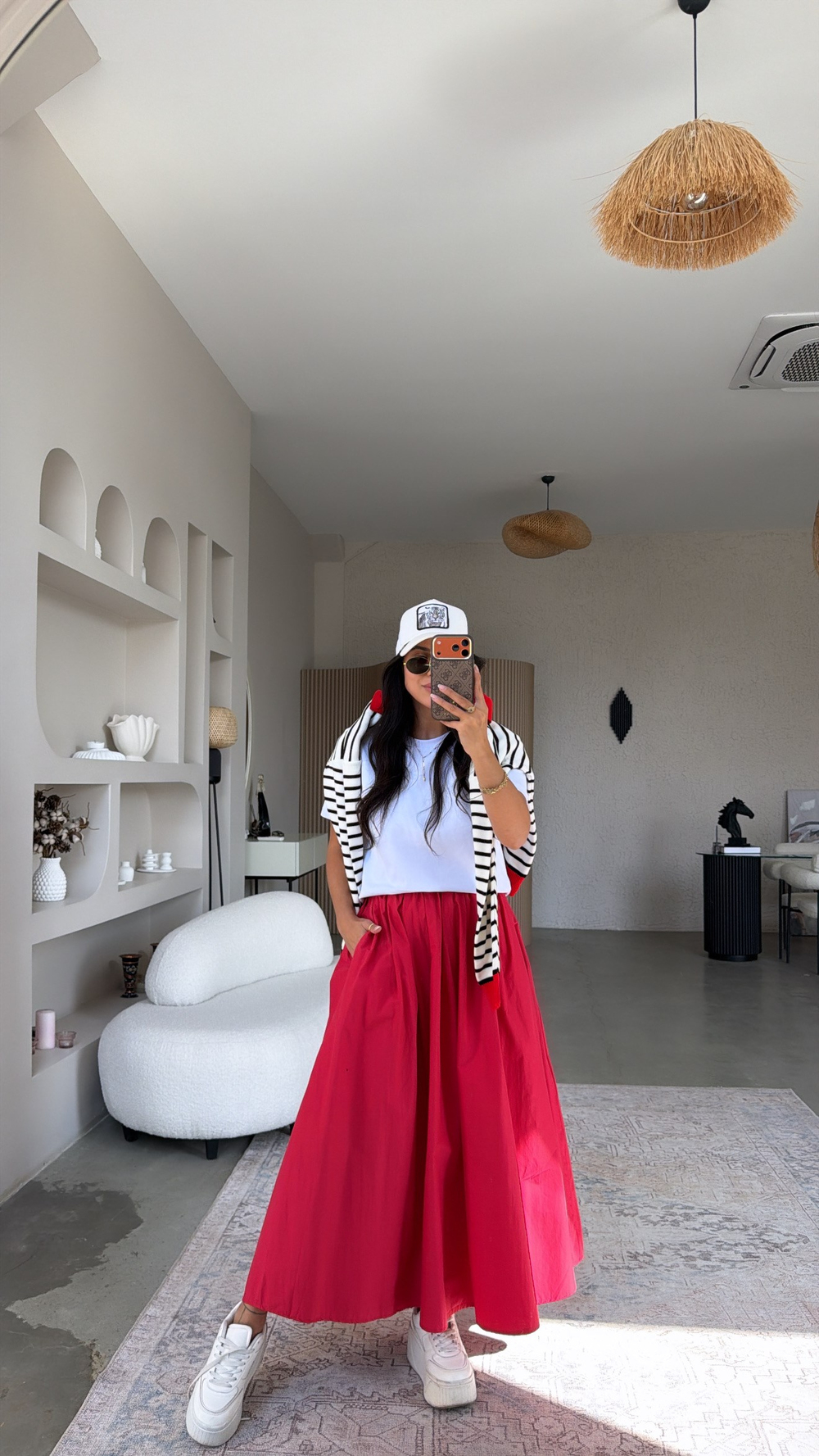 Kırmızı Poplin Maxi Beli Lastikli Etek