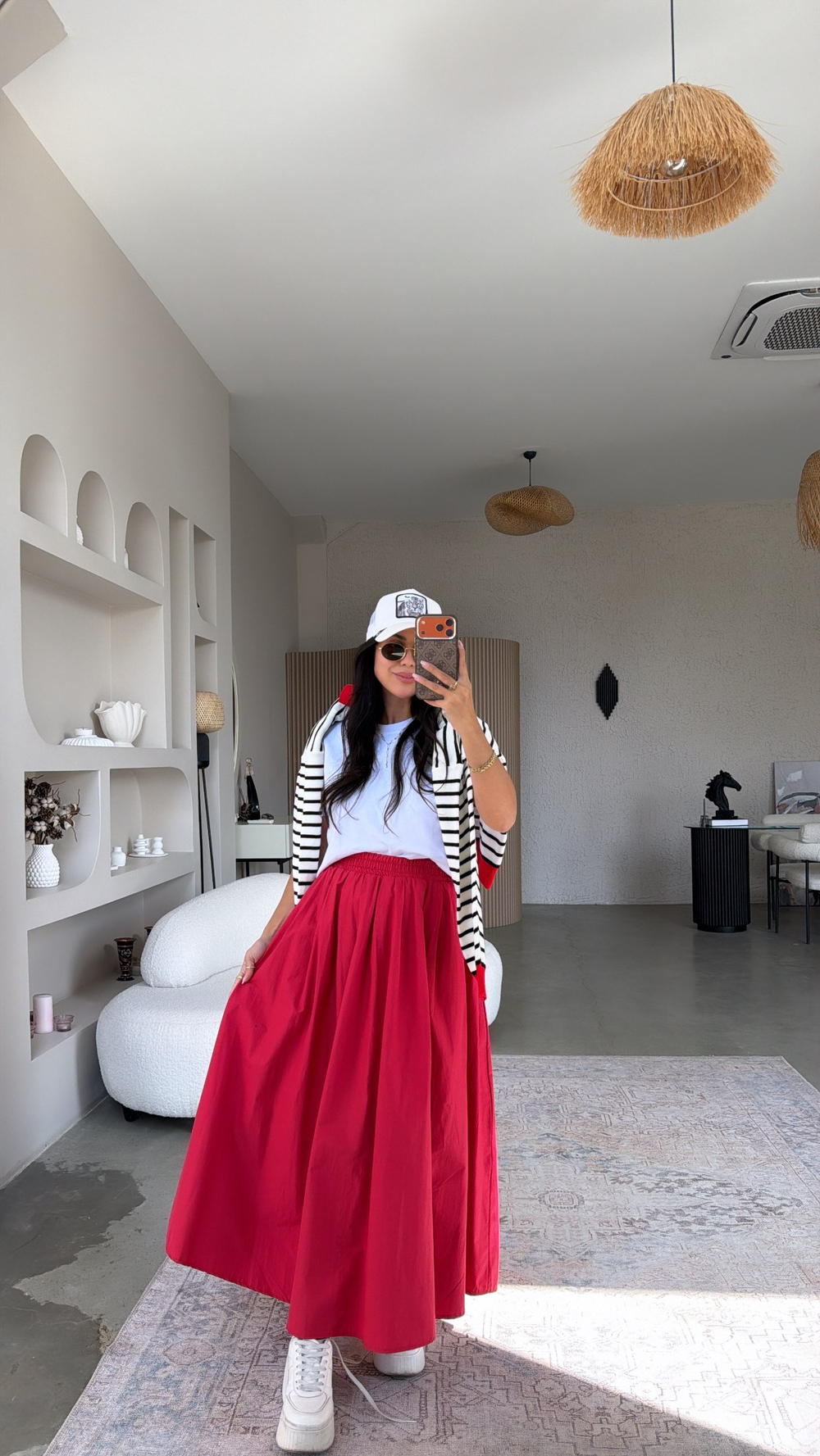 Kırmızı Poplin Maxi Beli Lastikli Etek