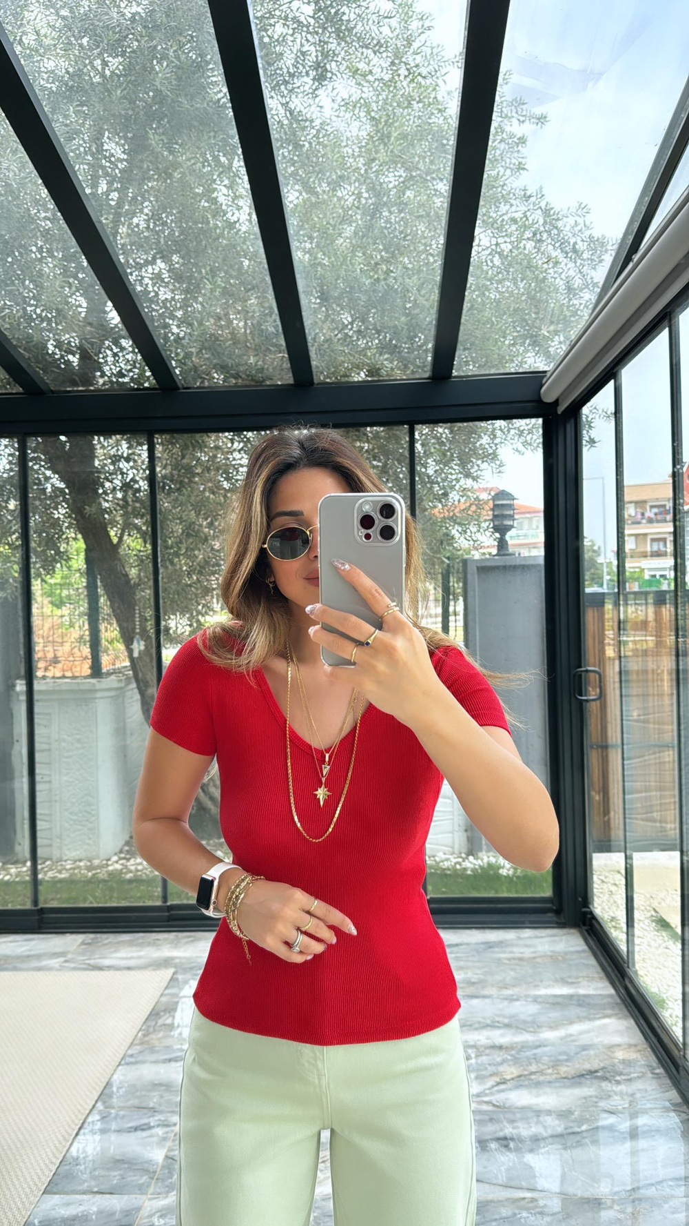 Kırmızı V Yaka Ribana Bluz