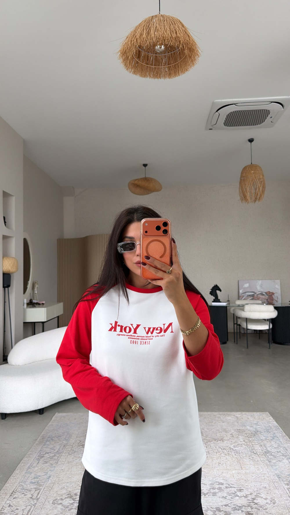 Kolları Kırmızı New York İki İplik Sweatshirt