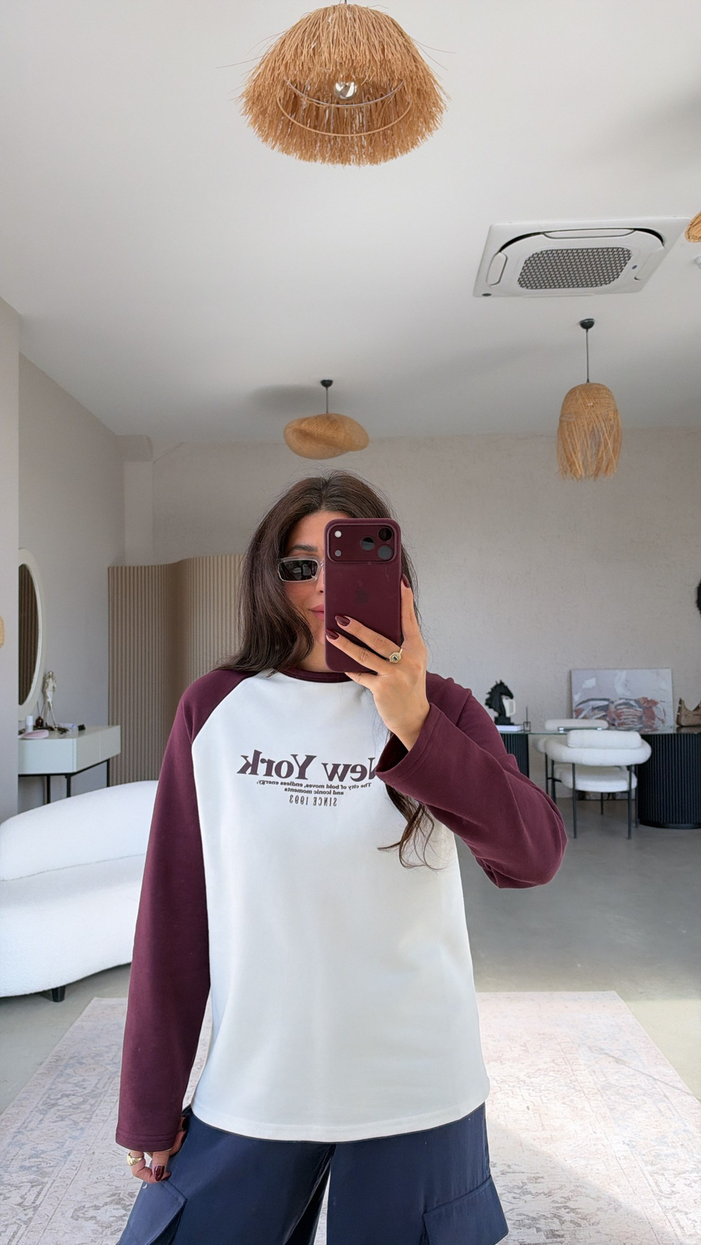 Kolları Mürdüm New York İki İplik Sweatshirt