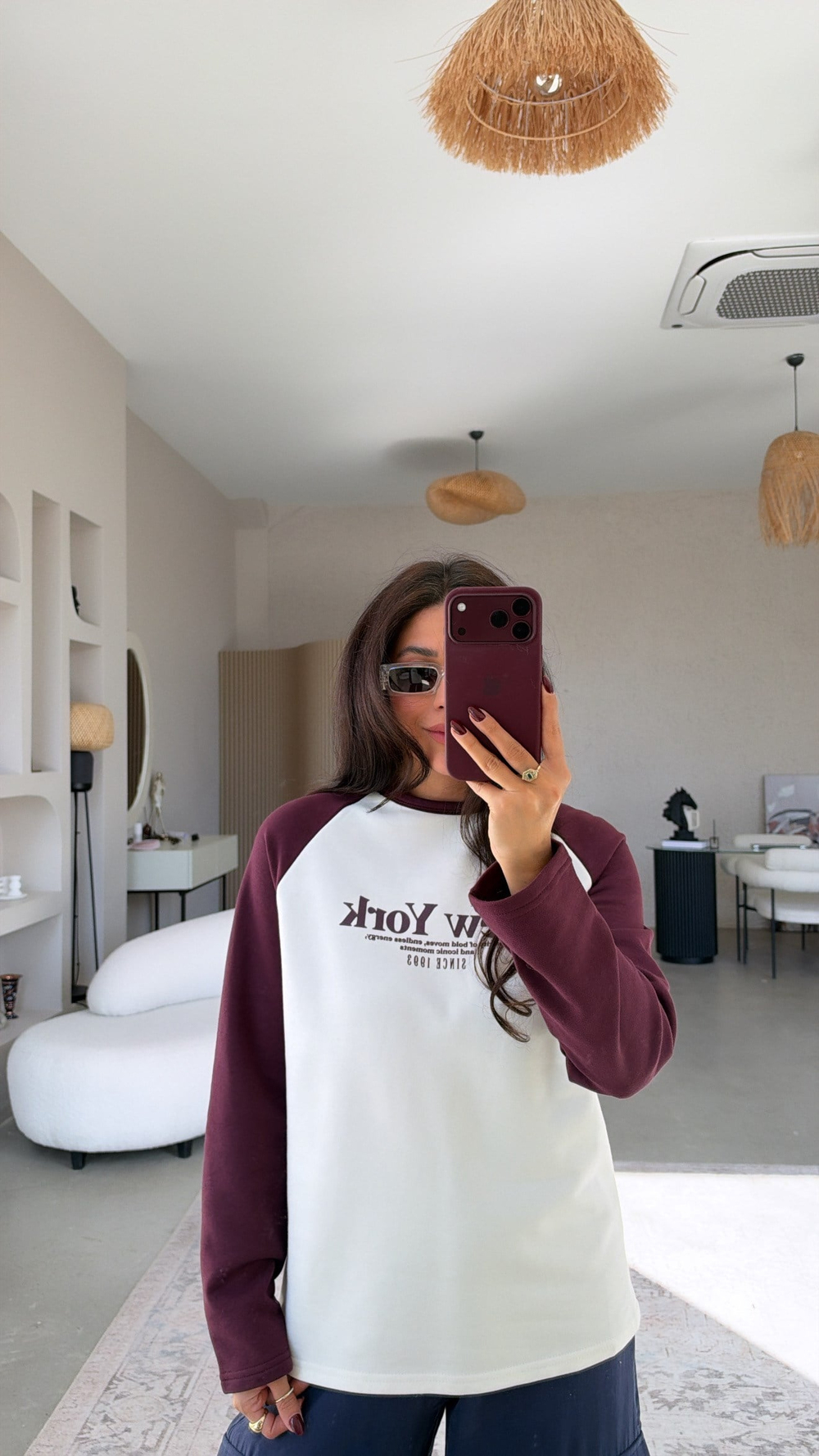 Kolları Mürdüm New York İki İplik Sweatshirt