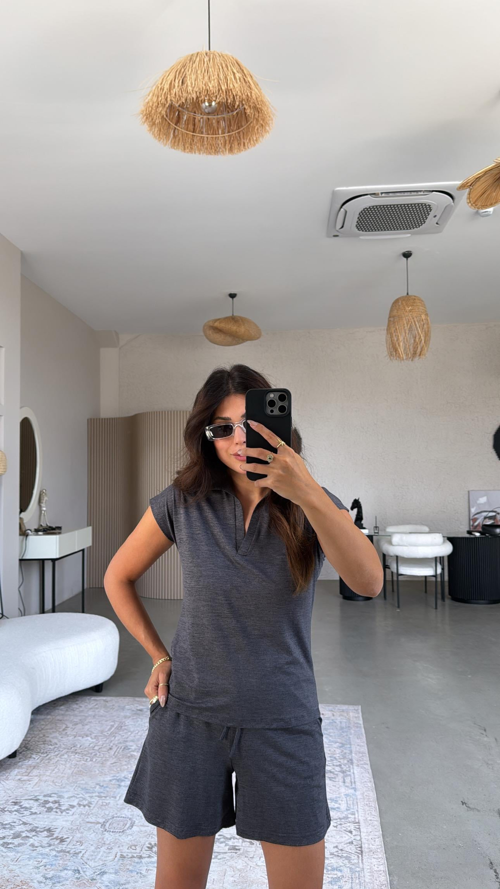 Koyu Antrasit Şortlu Polo Yaka Tshirt Takım
