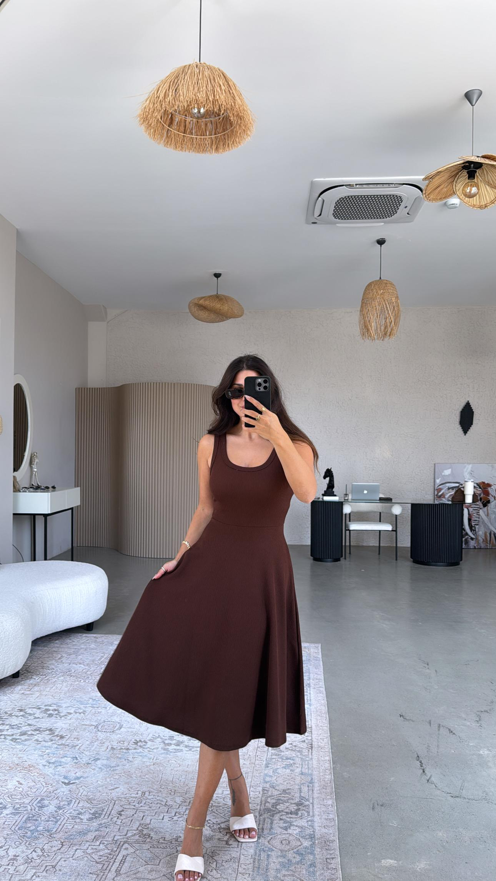 Koyu Kahve Askılı Kaşkorse Elbise