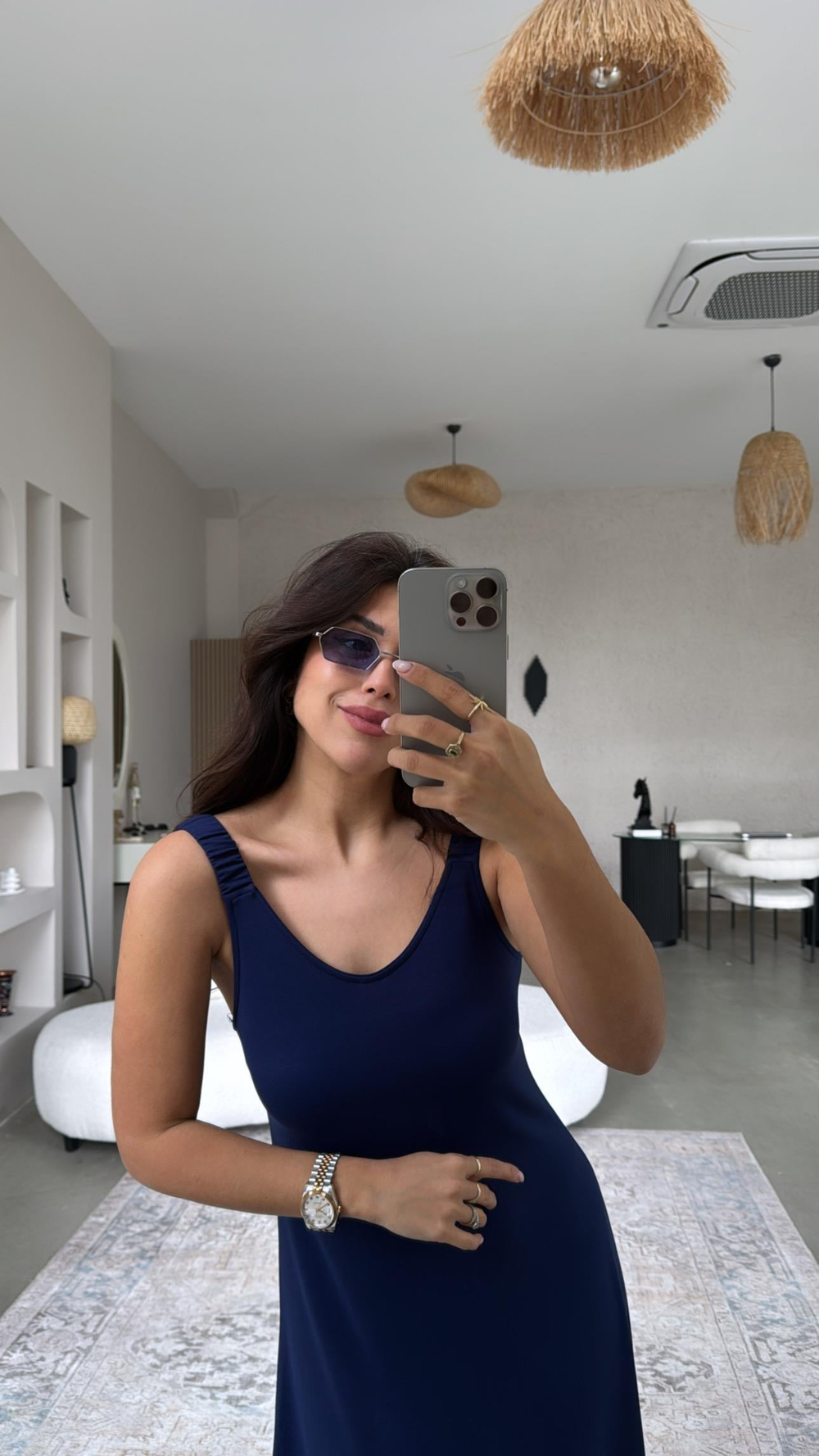 Lacivert Askıları Lastikli Pike Modal Elbise