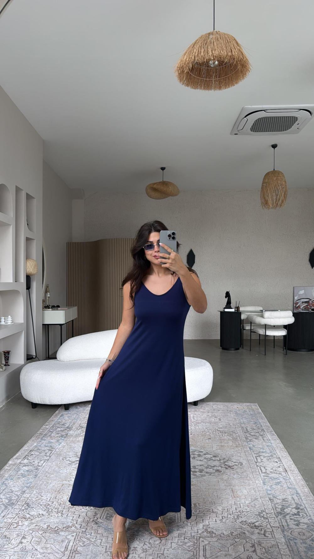 Lacivert Askıları Lastikli Pike Modal Elbise