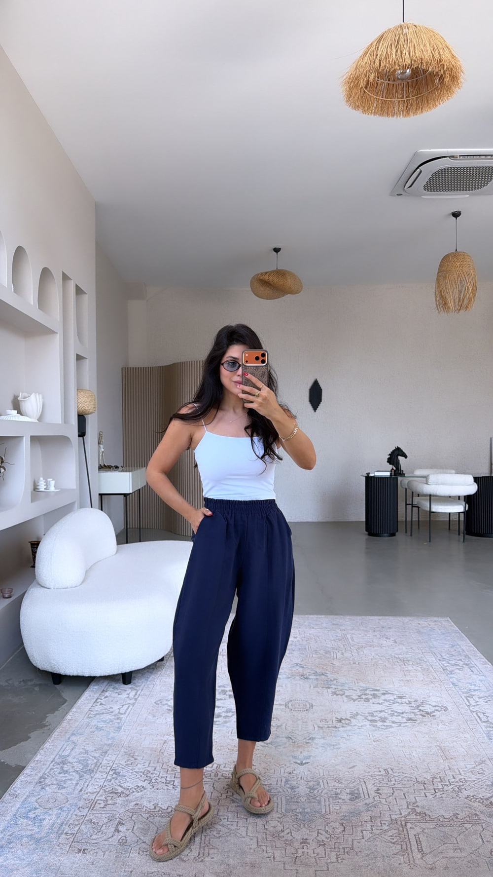 Lacivert Beli Lastikli Baggy Yıkamalı Tensel Kumaş Premium Pantolon